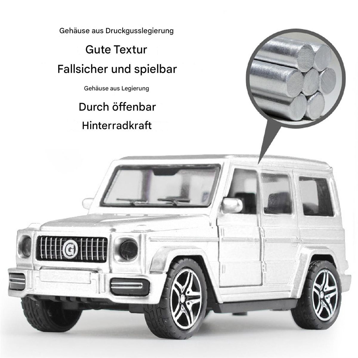 Silbernes Spielzeugauto mit detailliertem Motor und dem Text: Gute Textur, haltbar.