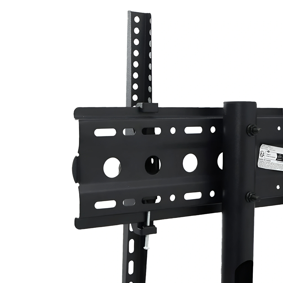 Eine schwarze TV-Halterung aus Metall mit vertikaler Stütze und horizontalen Montagearmen.