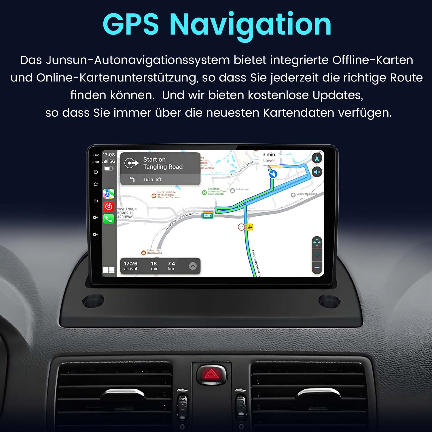 Ekran systemu nawigacji GPS pokazujący mapę z kierunkami, wyświetlany w desce rozdzielczej samochodu.