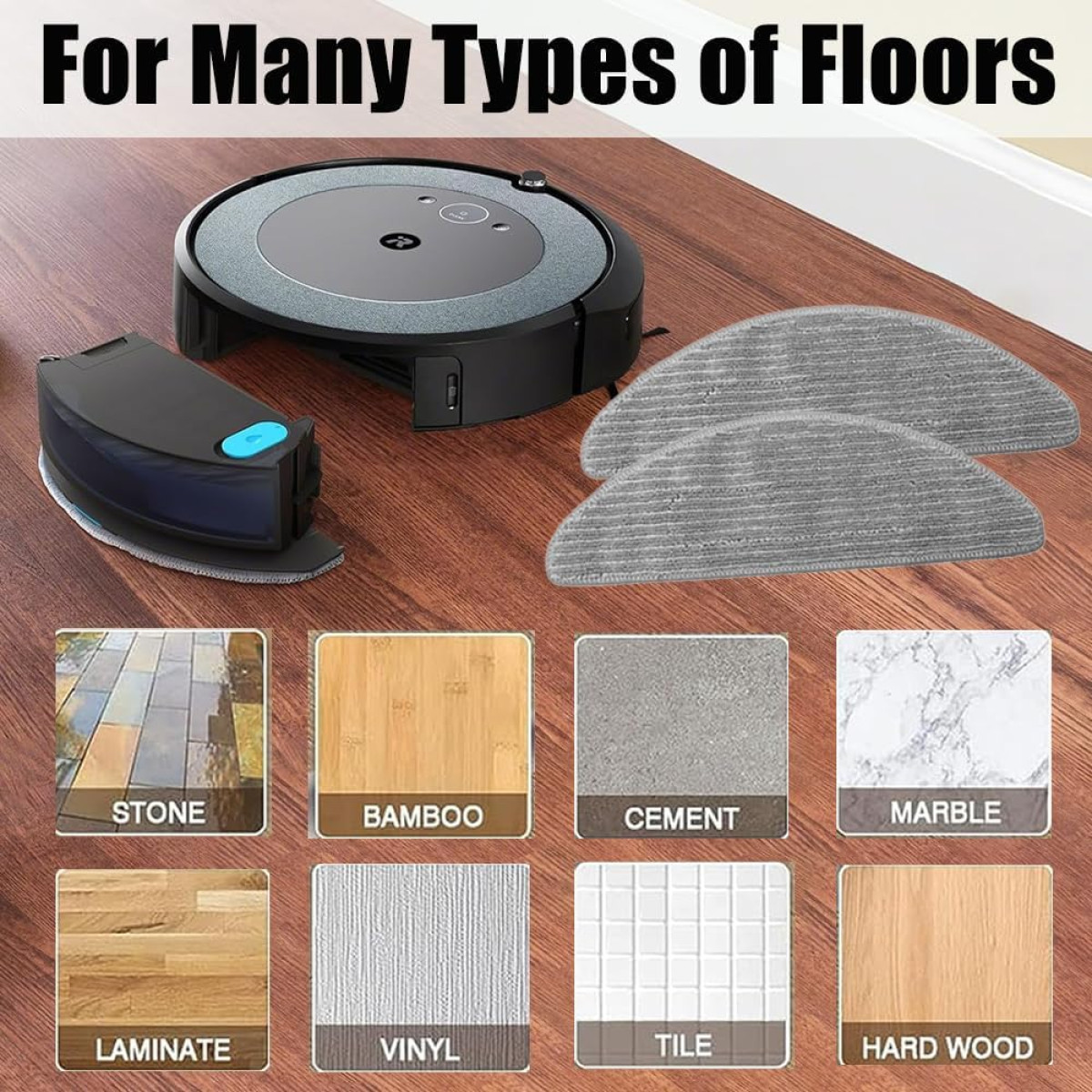 Robot sprzątający z różnymi rodzajami podłóg: kamień, bambus, cement, marmur, laminat, winyl, płytki, drewno.