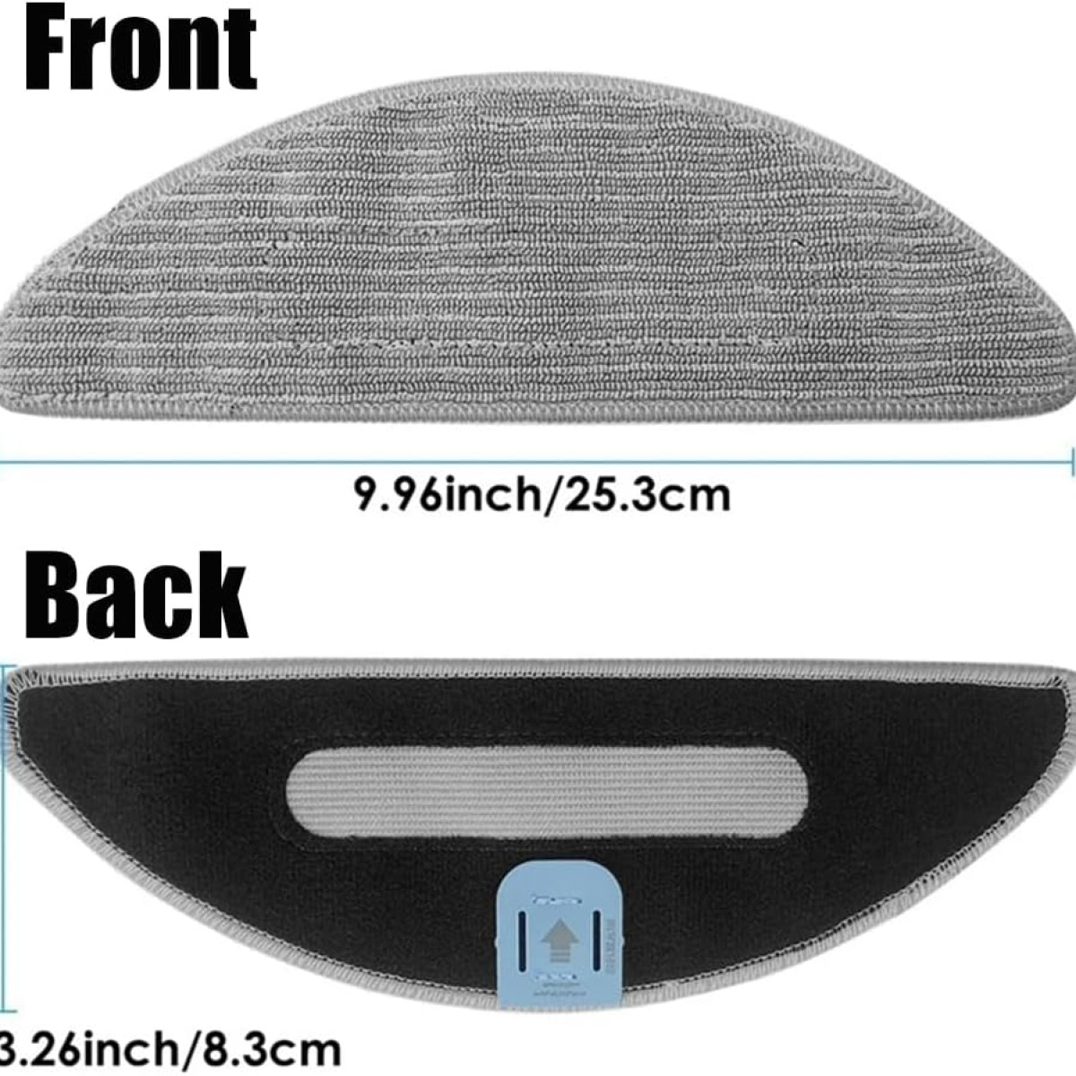 Nakładka do mopa z mikrofibry, widok z przodu i z tyłu, pokazujący wymiary w calach i centymetrach.