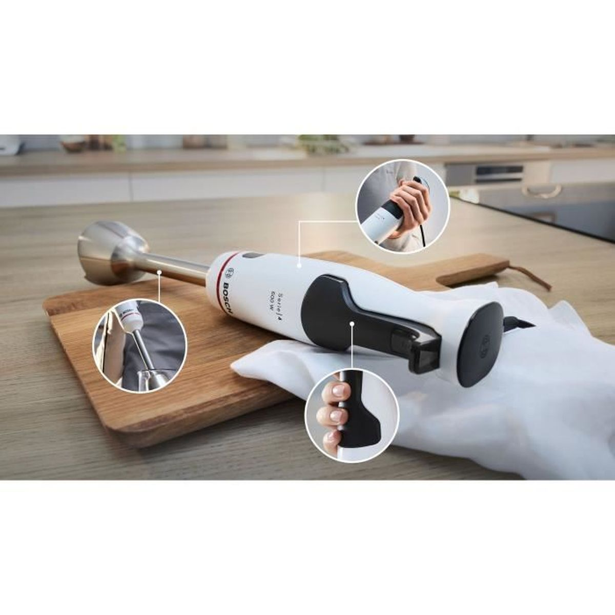 Biały i czarny blender ręczny leżący na drewnianej desce, ze zdjęciami szczegółów.