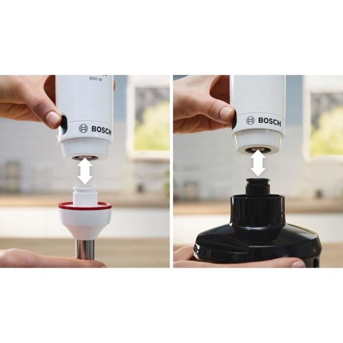 Dłonie montują biało-czerwone urządzenie. Strzałki wskazują połączenie. Tło: jasna drewniana powierzchnia.