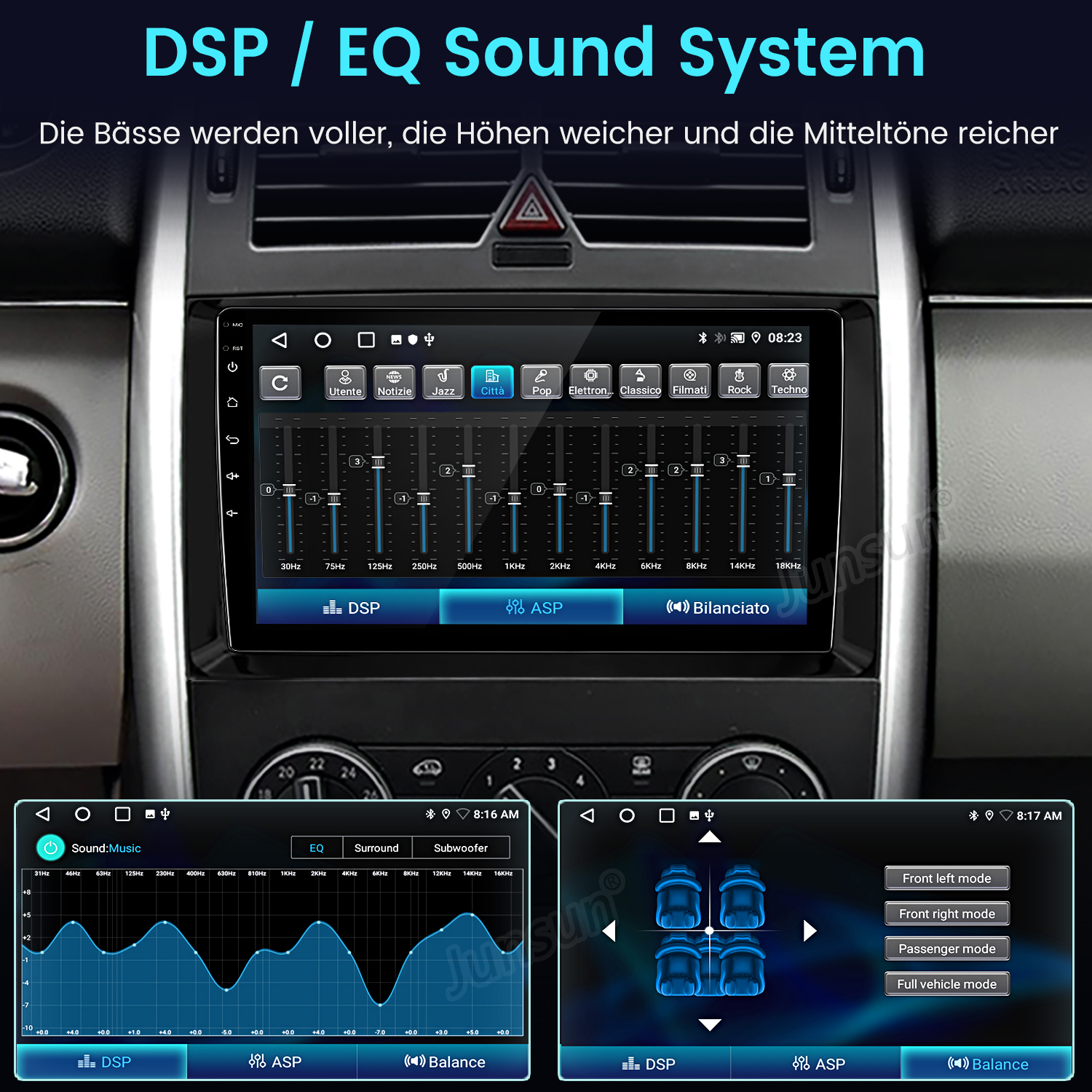 Wyświetlacz samochodowego systemu audio z opcjami dźwięku i ustawień.
