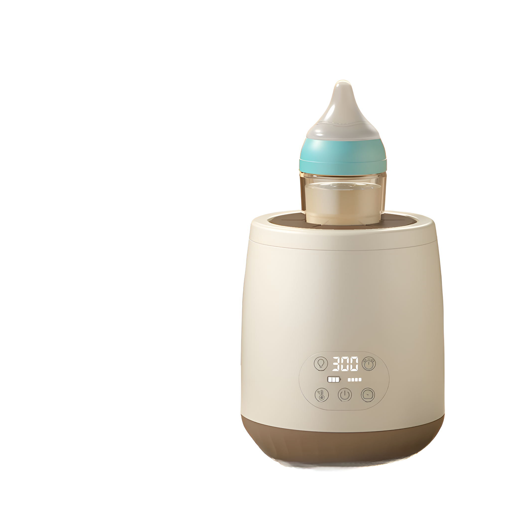 Babyflaschenwärmer, creme und braun, mit einer Flasche. Weißer Hintergrund.