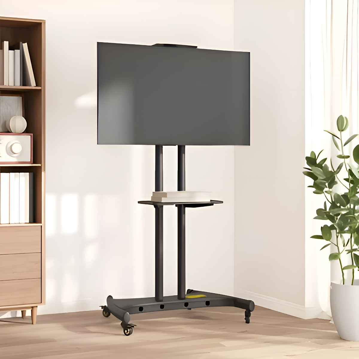 Ein Fernseher auf einem rollenden Ständer in einem Raum mit Bücherregal und Pflanze.