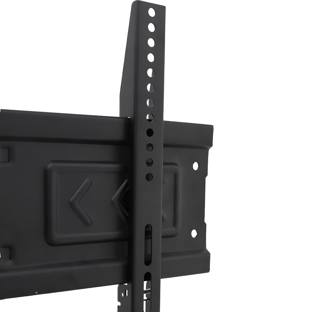 Eine schwarze TV-Halterung für die Wand. Sie hat eine vertikale Stange mit Löchern.