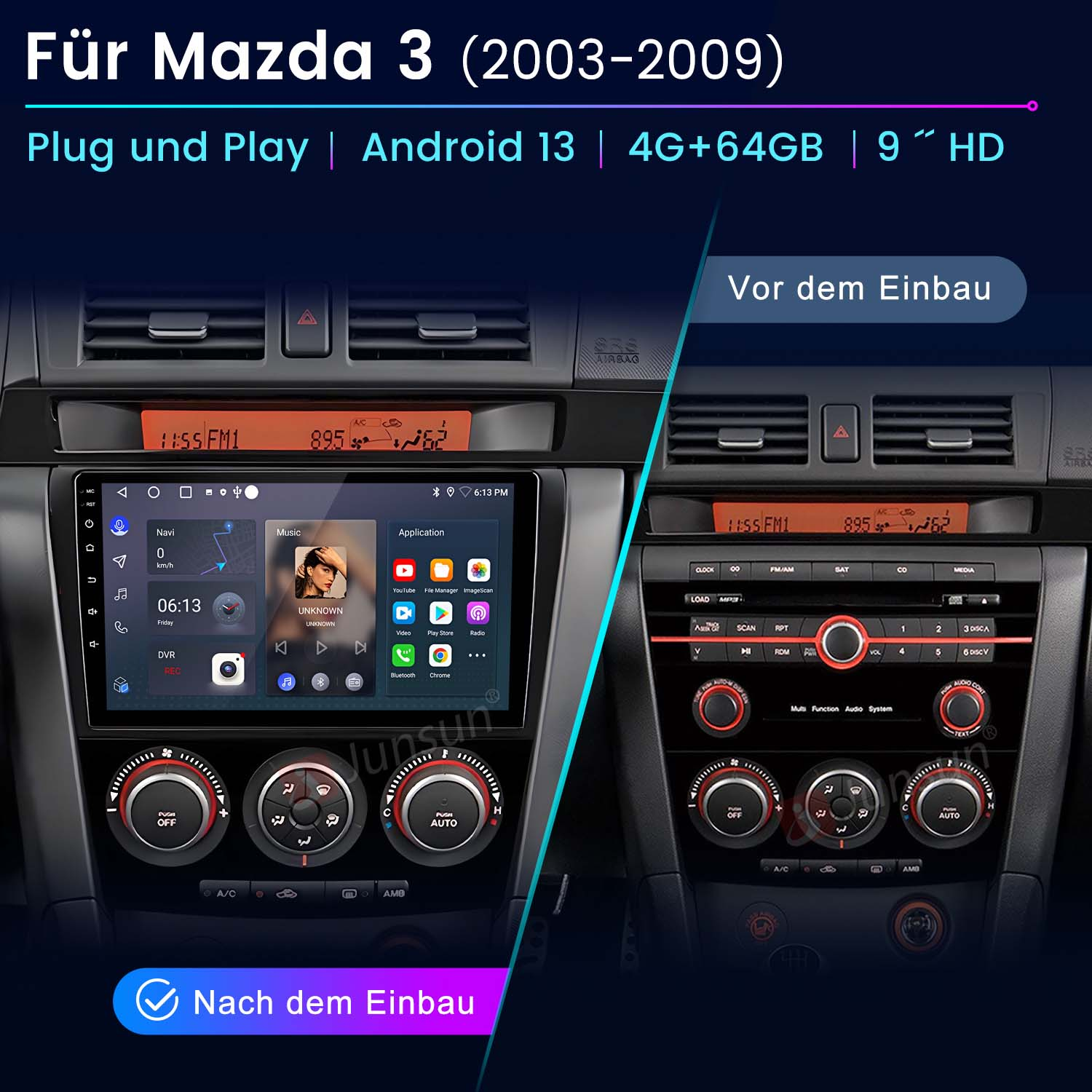System stereo samochodowy przed i po instalacji. Pokazuje ekran i przyciski.
