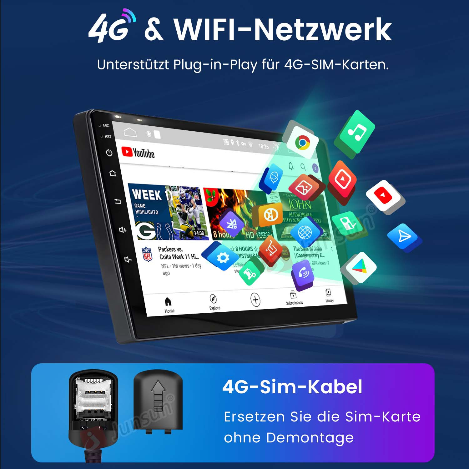 Ekran radia samochodowego wyświetlający aplikacje i ikony. Obsługuje 4G i WiFi.