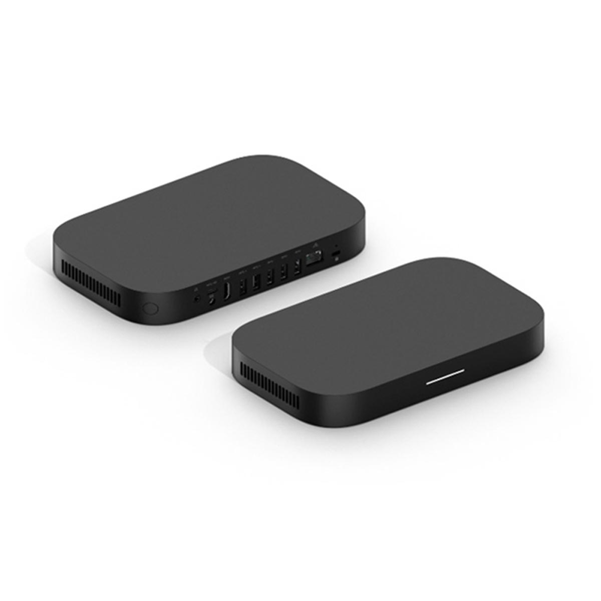 Dwa czarne urządzenia, prawdopodobnie dekodery, na białym tle.