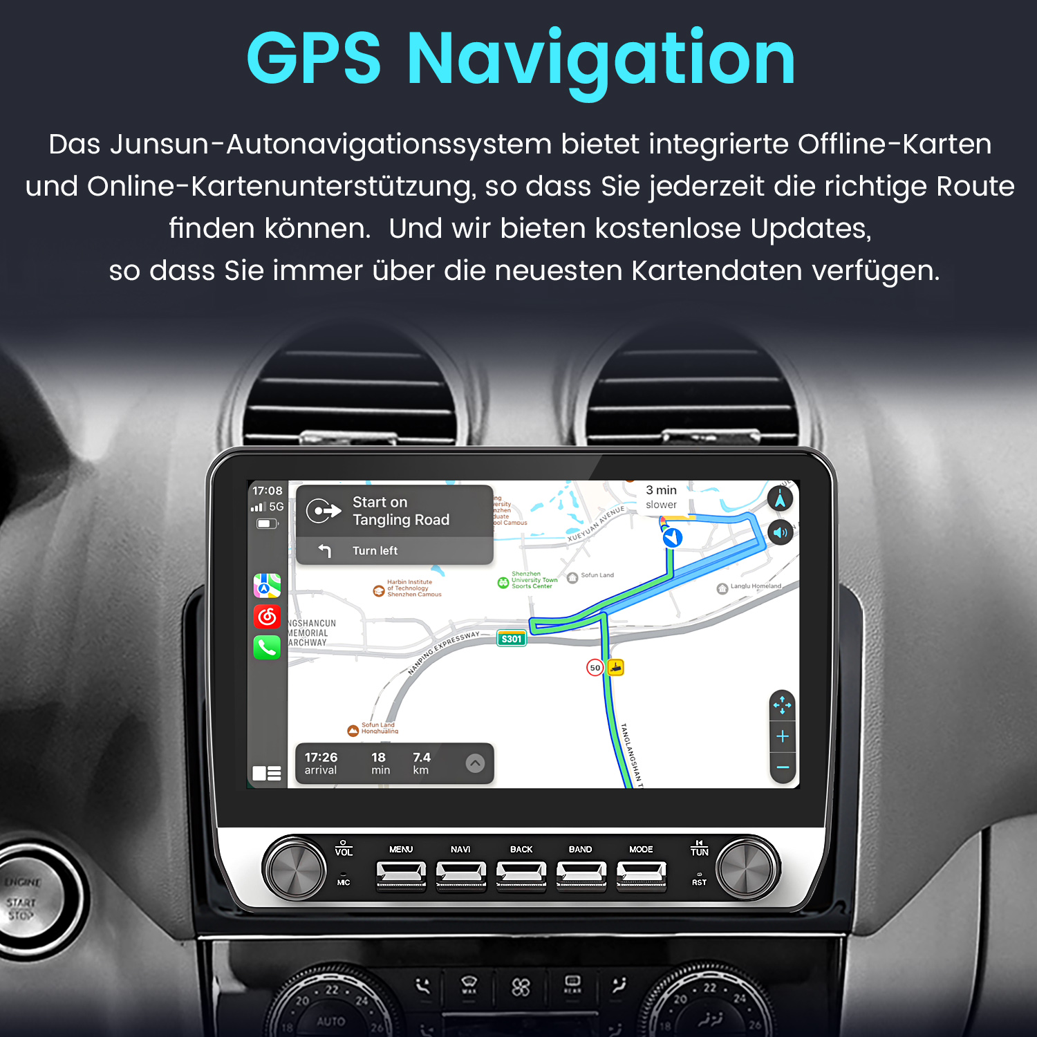 Bildschirm des Auto-Navigationssystems. Der Bildschirm zeigt eine Karte und einige Bedienelemente. Weißer Hintergrund.