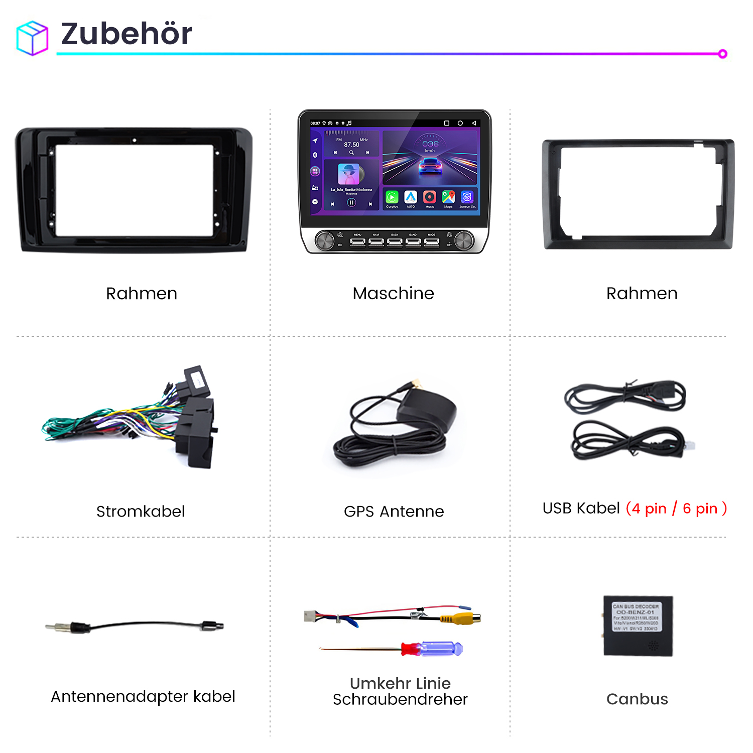 Autoradio-Komponenten einschließlich Rahmen, Maschine, Kabel und Antennen.