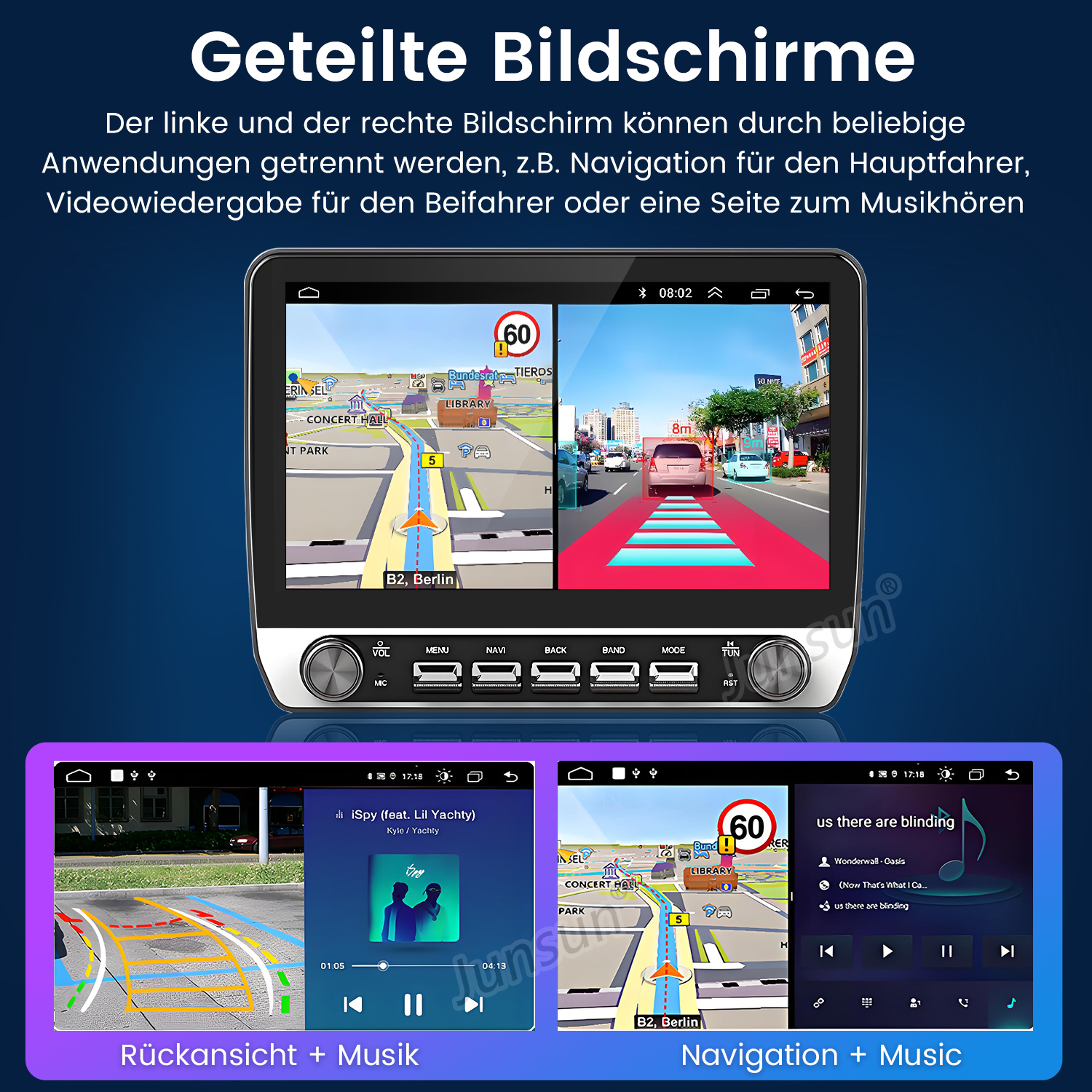 Ein geteilter Navigationsbildschirm mit Karten- und Musikoberflächen.