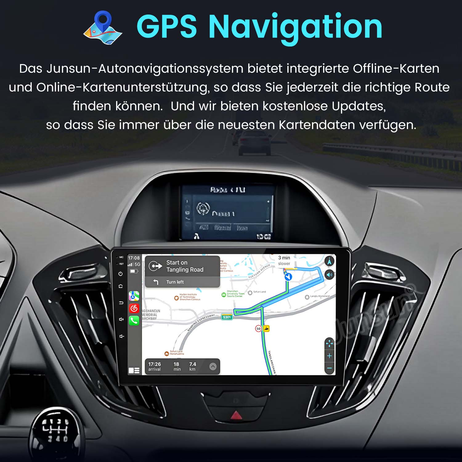 Deska rozdzielcza samochodu pokazująca nawigację GPS z wyświetlaczem mapy.