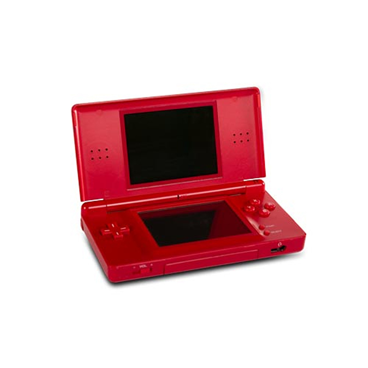 Una console portatile Nintendo DS rossa, aperta, che mostra due schermi.