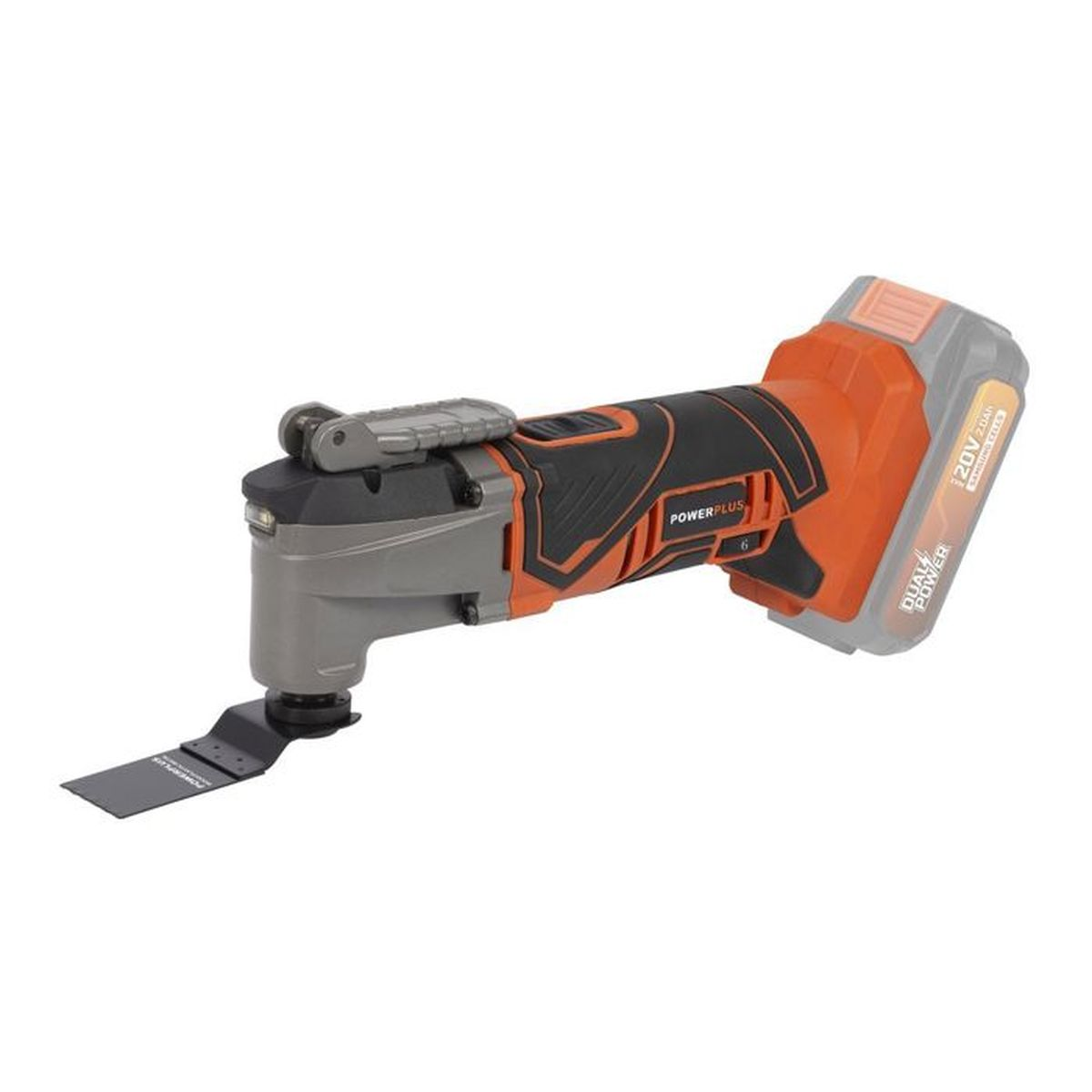 Utensile elettrico arancione e nero. Testo: Powerplus, Dual Power. Lama nera.