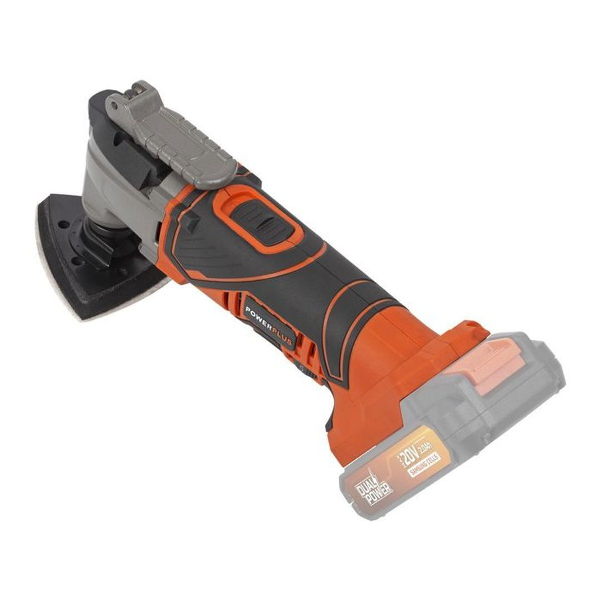 Multi-utensile cordless con corpo arancione e nero, su sfondo bianco.