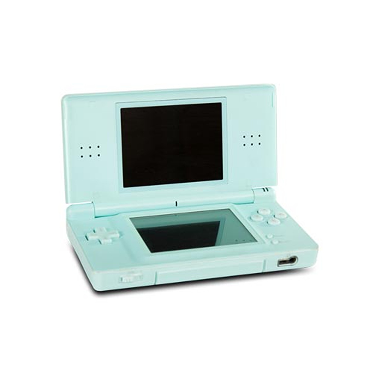Eine mintgrüne Nintendo DS-Spielkonsole, geöffnet, mit Bildschirmen und Knöpfen.