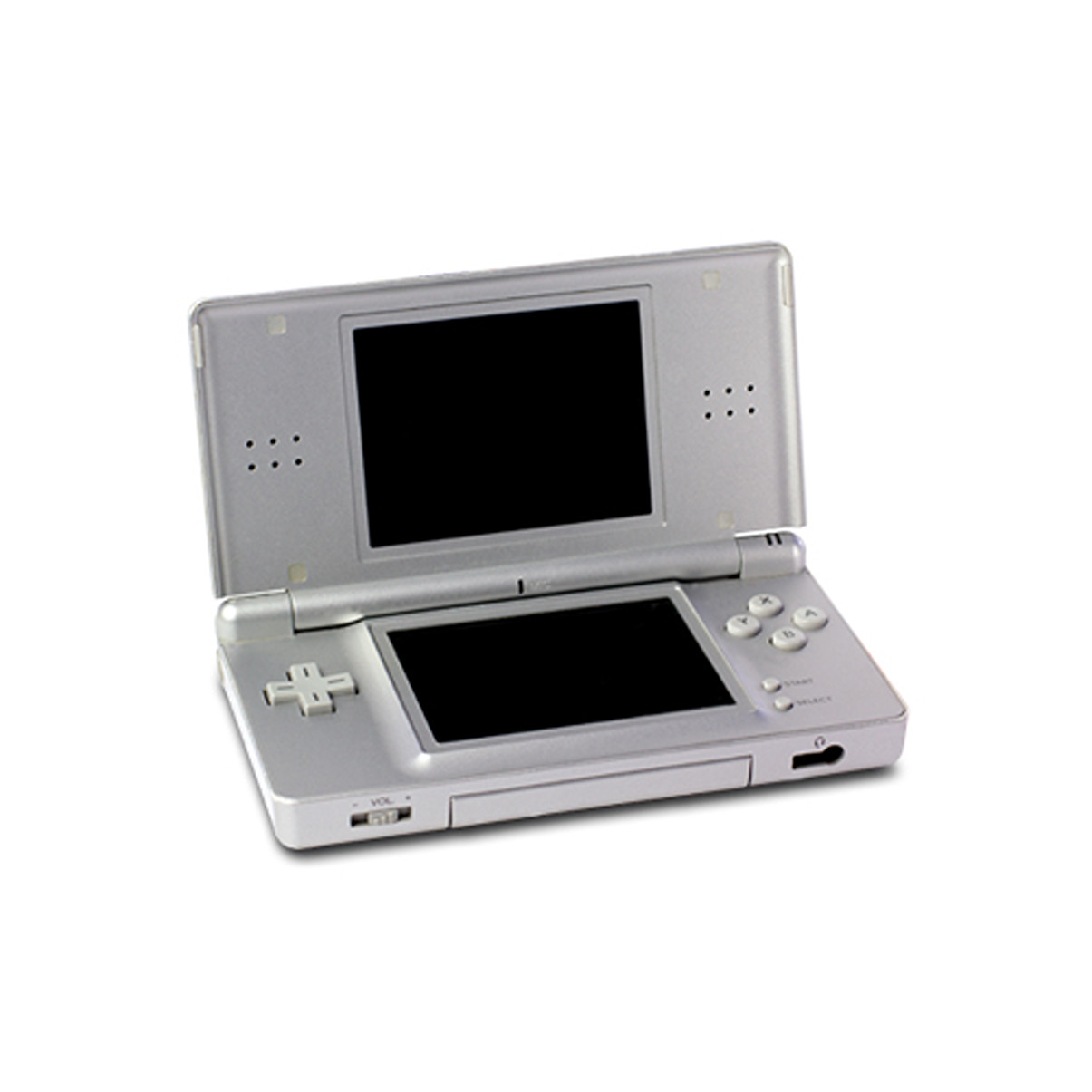 Silberner Nintendo DS. Die Handheld-Konsole ist geöffnet und zeigt zwei schwarze Bildschirme.
