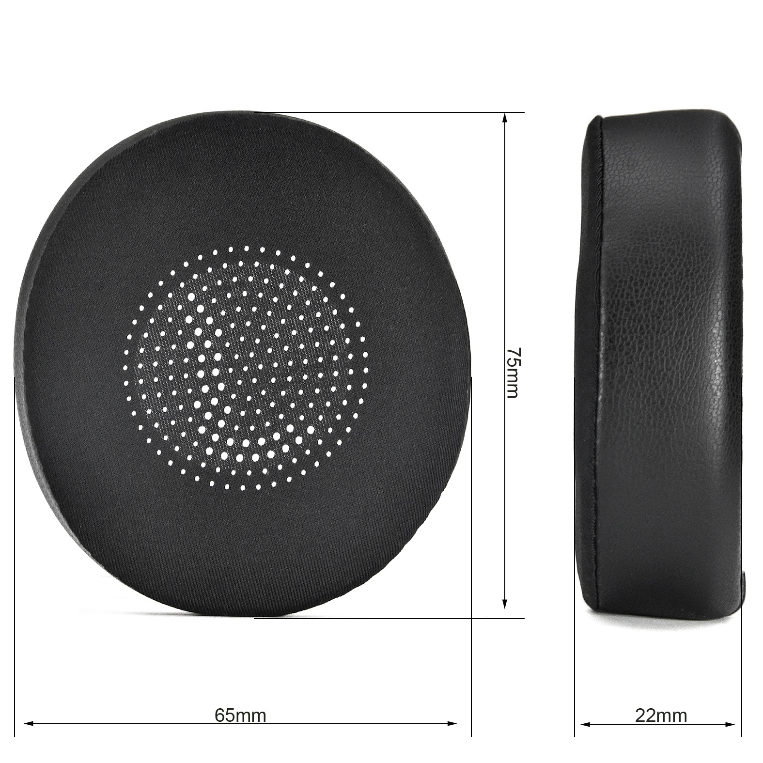 Dwie czarne okrągłe wkładki do uszu z siatkowym wzorem po jednej stronie. Wymiary: 65 mm, 75 mm, 22 mm.