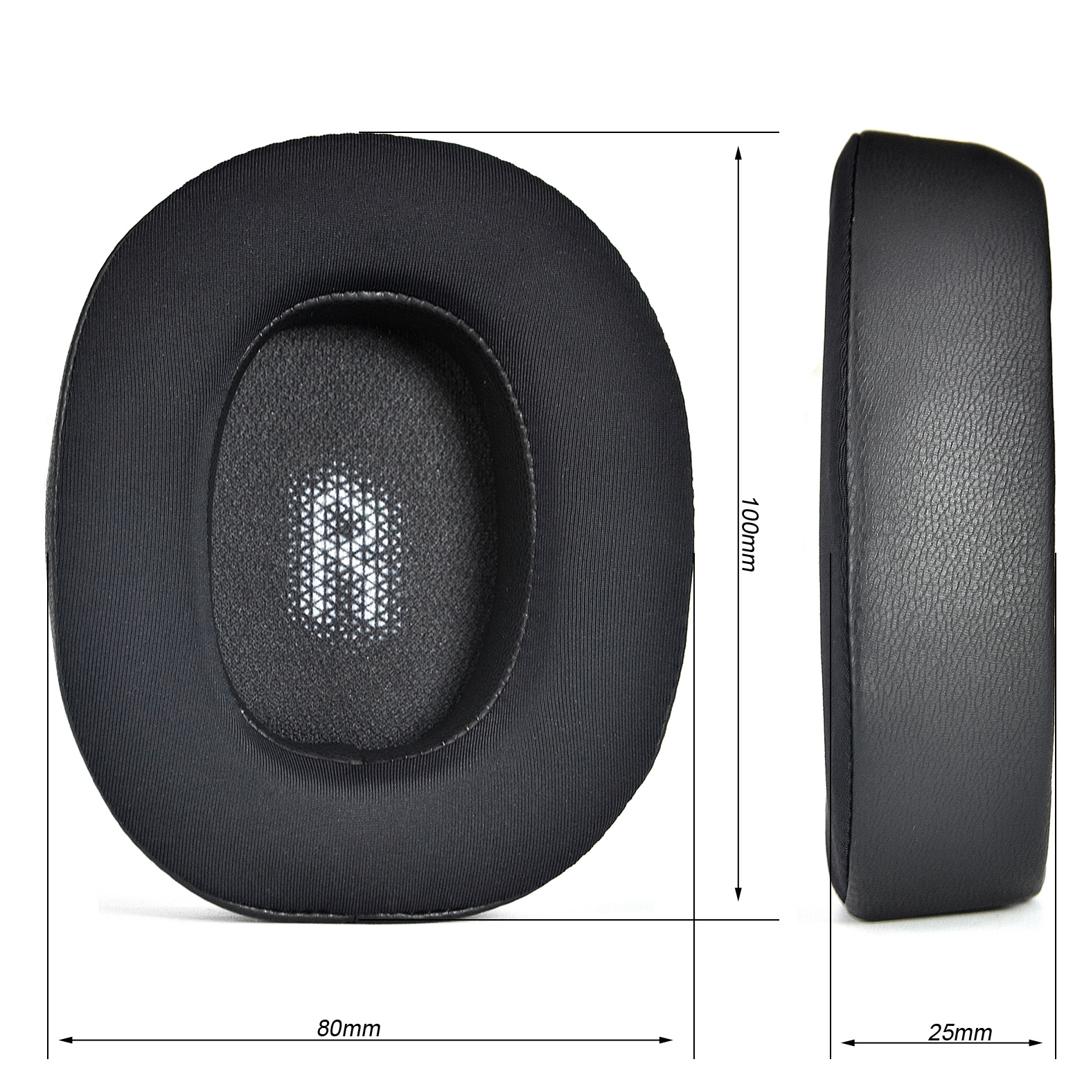 Czarne nauszniki do słuchawek. Jeden płaski, drugi pokazuje profil boczny z wymiarami.