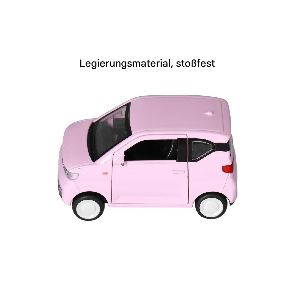 Rosa Spielzeugauto auf weißem Hintergrund. Text besagt, dass es aus Legierungsmaterial besteht.