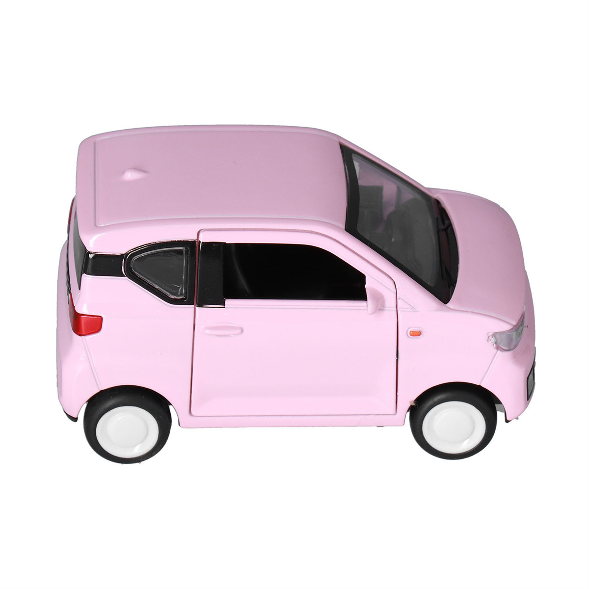 Rosa Spielzeugauto mit schwarzen Fenstern und weißen Rädern.