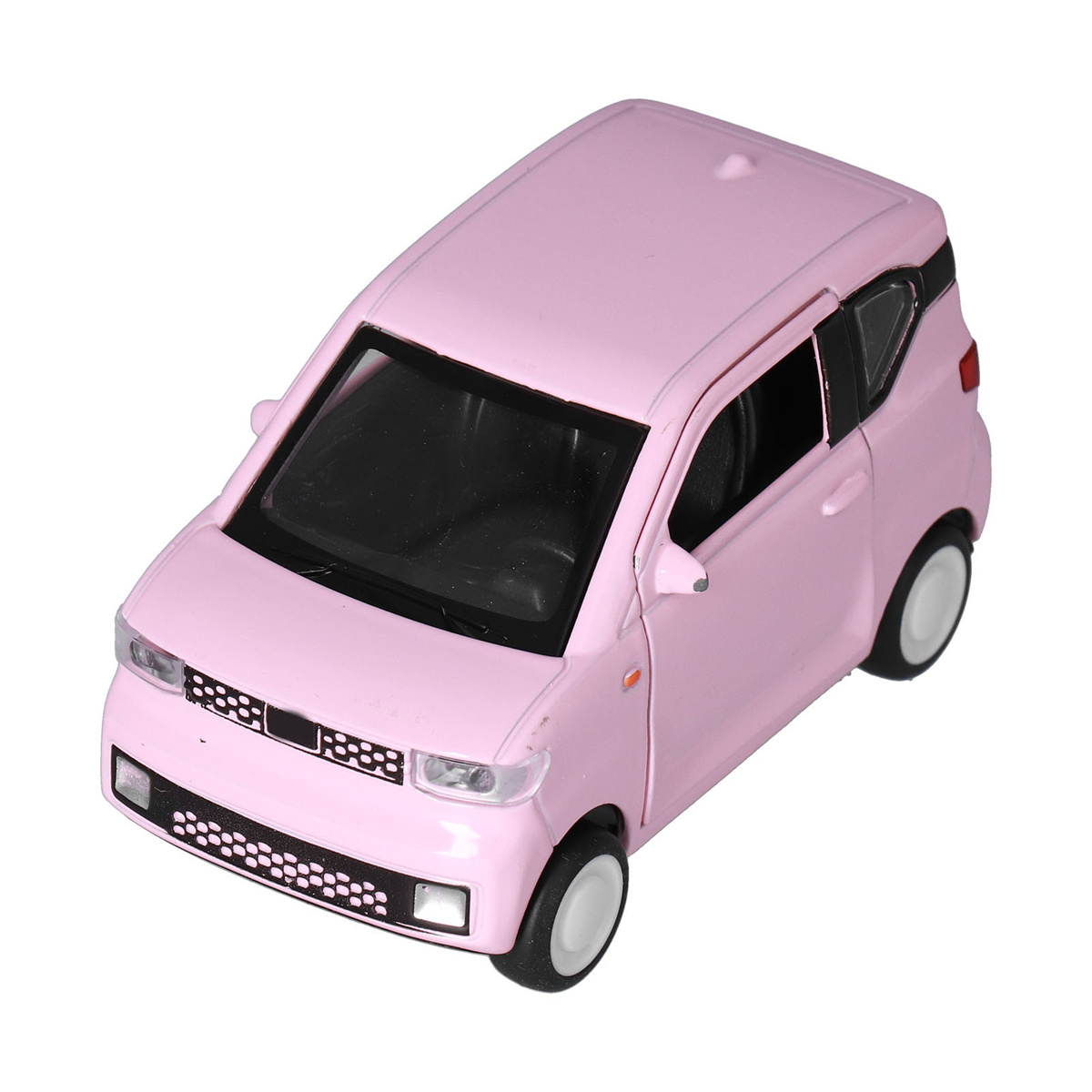 Rosa Spielzeugauto, ein kleines Modell mit weißen Rädern. Aus der Draufsicht betrachtet.