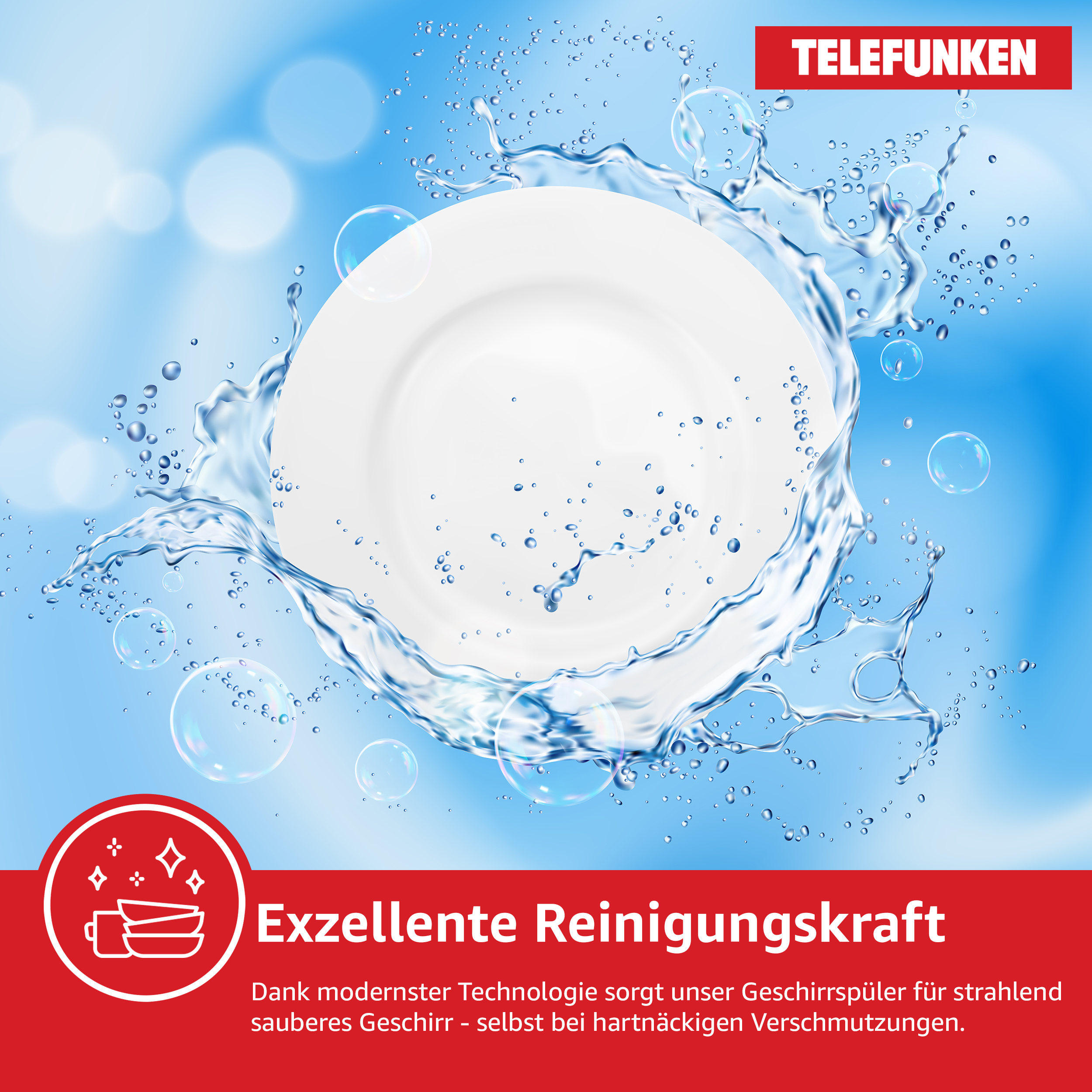 Geschirrspüler-Anzeige mit sauberem weißen Teller und Wasserspritzer, Telefunken-Logo.