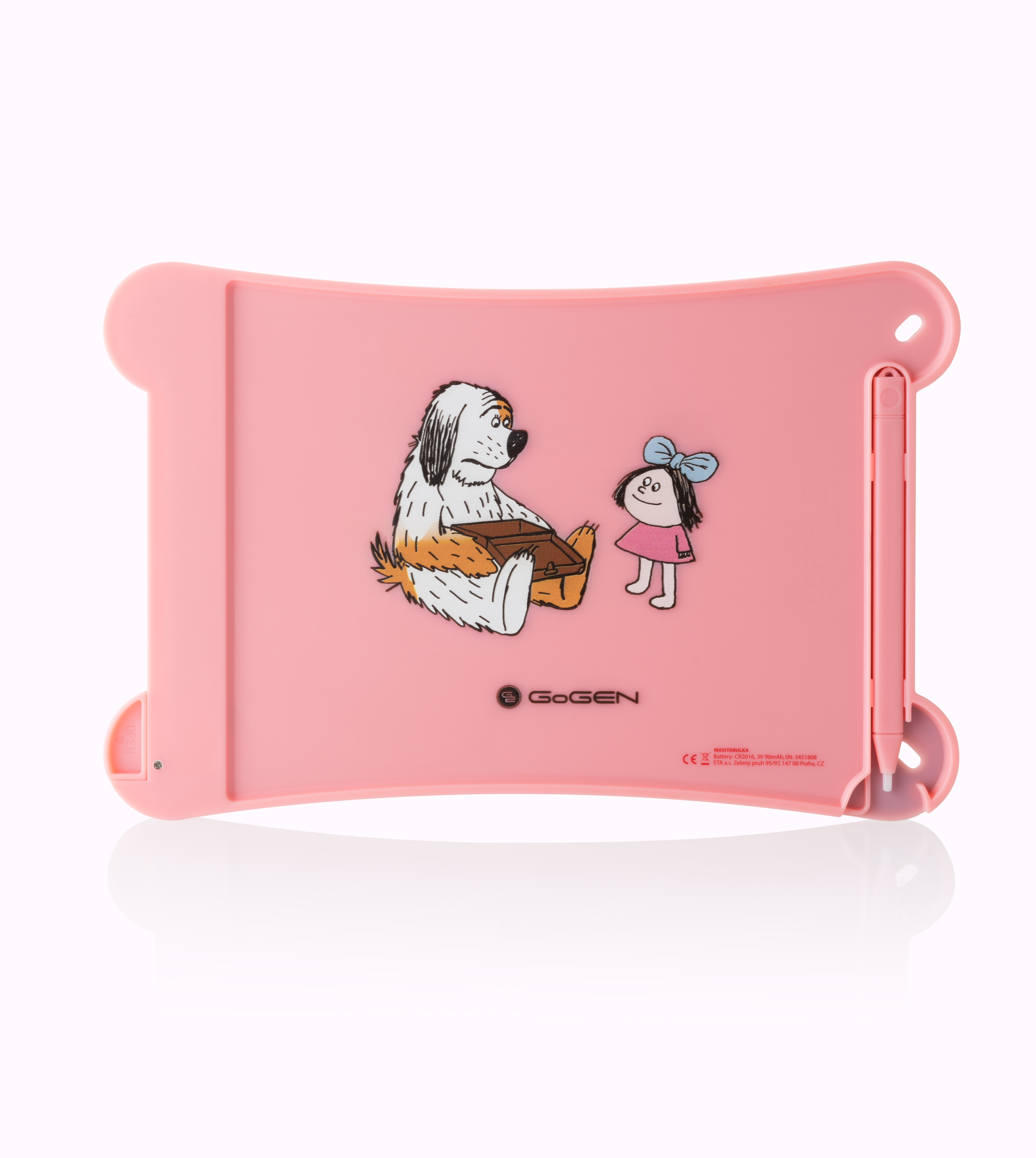 Rosa Tablet mit Hund- und Mädchenillustration. Das Tablet hat einen Stift. Der Hintergrund ist weiß.