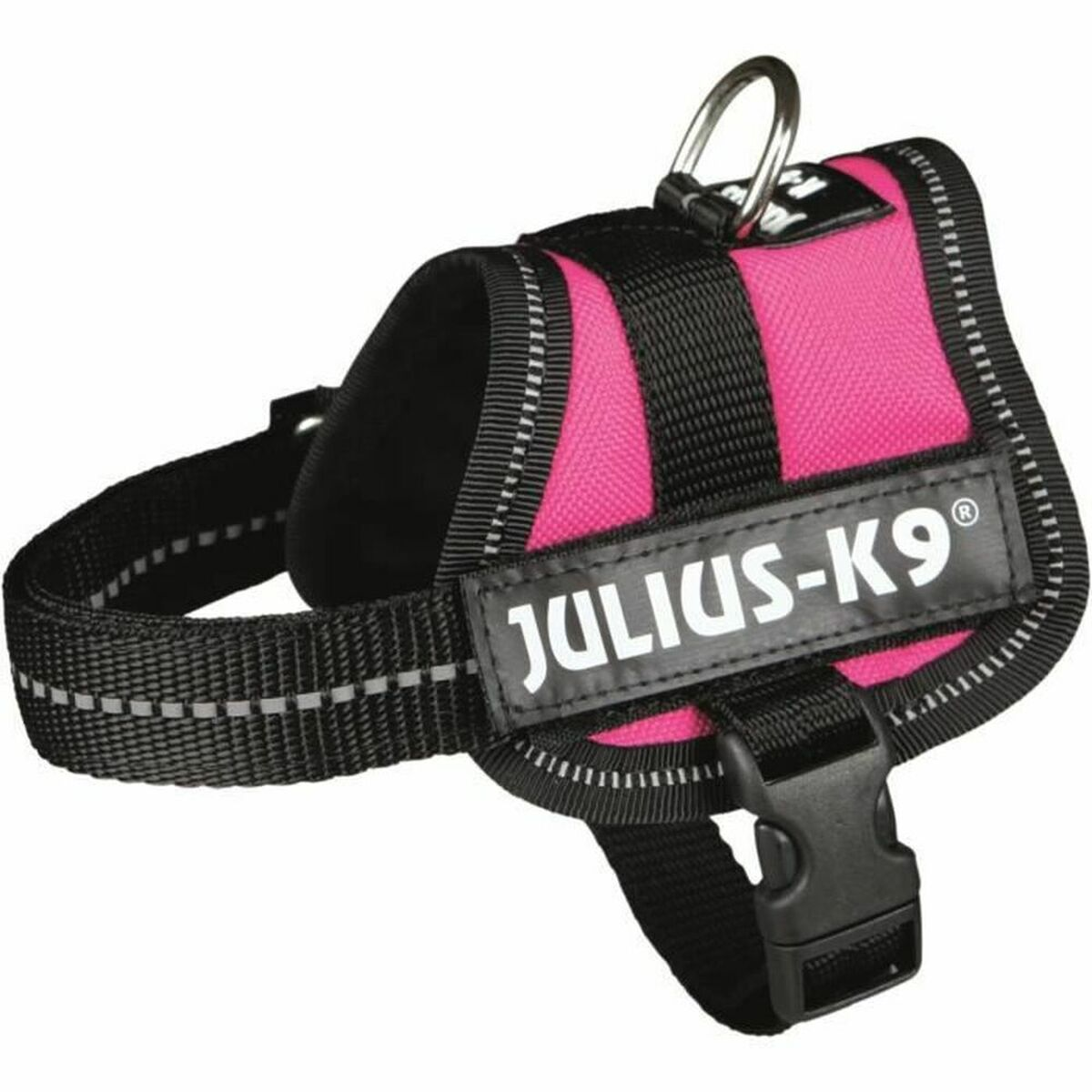 Rosa-schwarzes Hundegeschirr mit silbernem Metallring und schwarzer Schnalle. Text: JULIUS-K9.