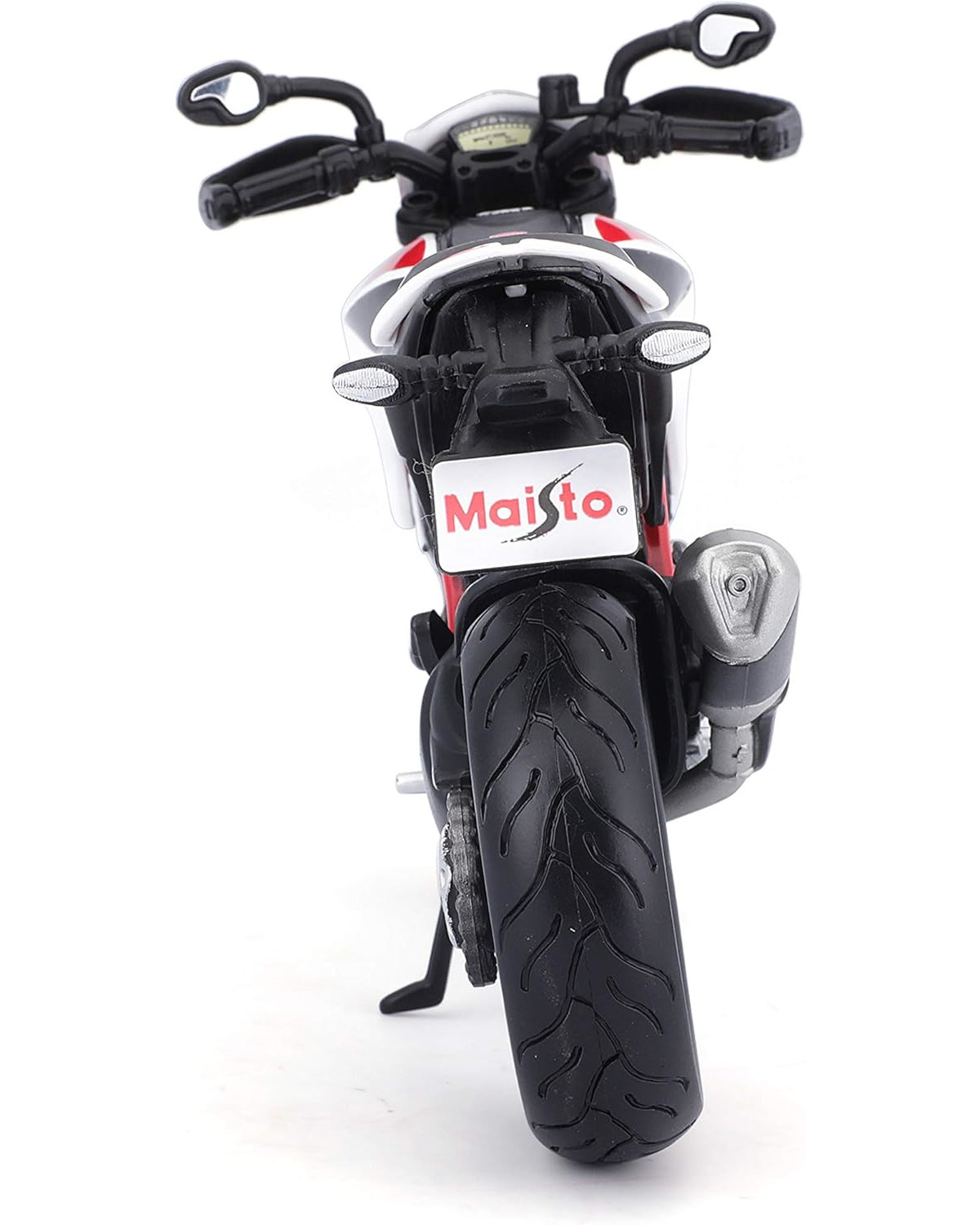 Ein rotes und weißes Motorradmodell von hinten mit dem Maisto-Logo.