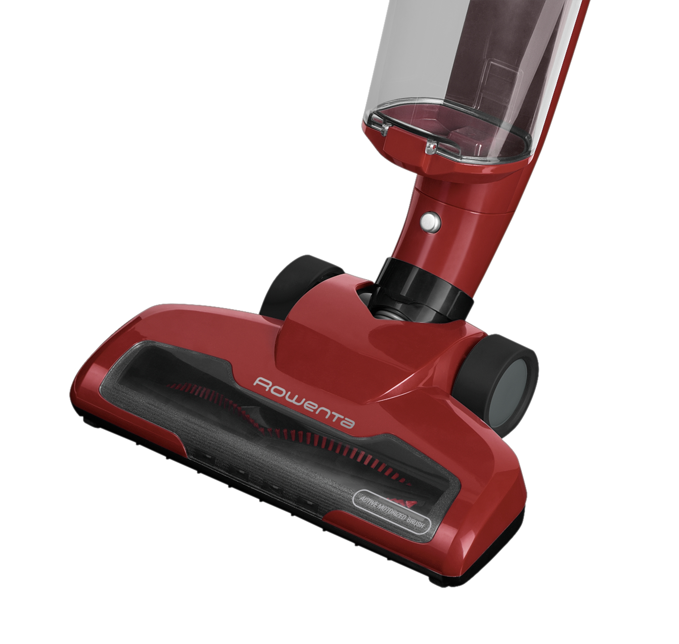 Roter und schwarzer Staubsaugerkopf. Text: Rowenta, Active Advanced Brush.