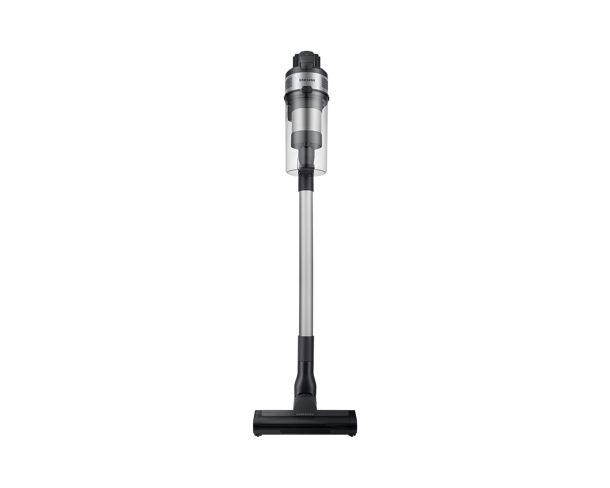 Aspirapolvere a bastone Samsung argento e nero. Sfondo bianco.