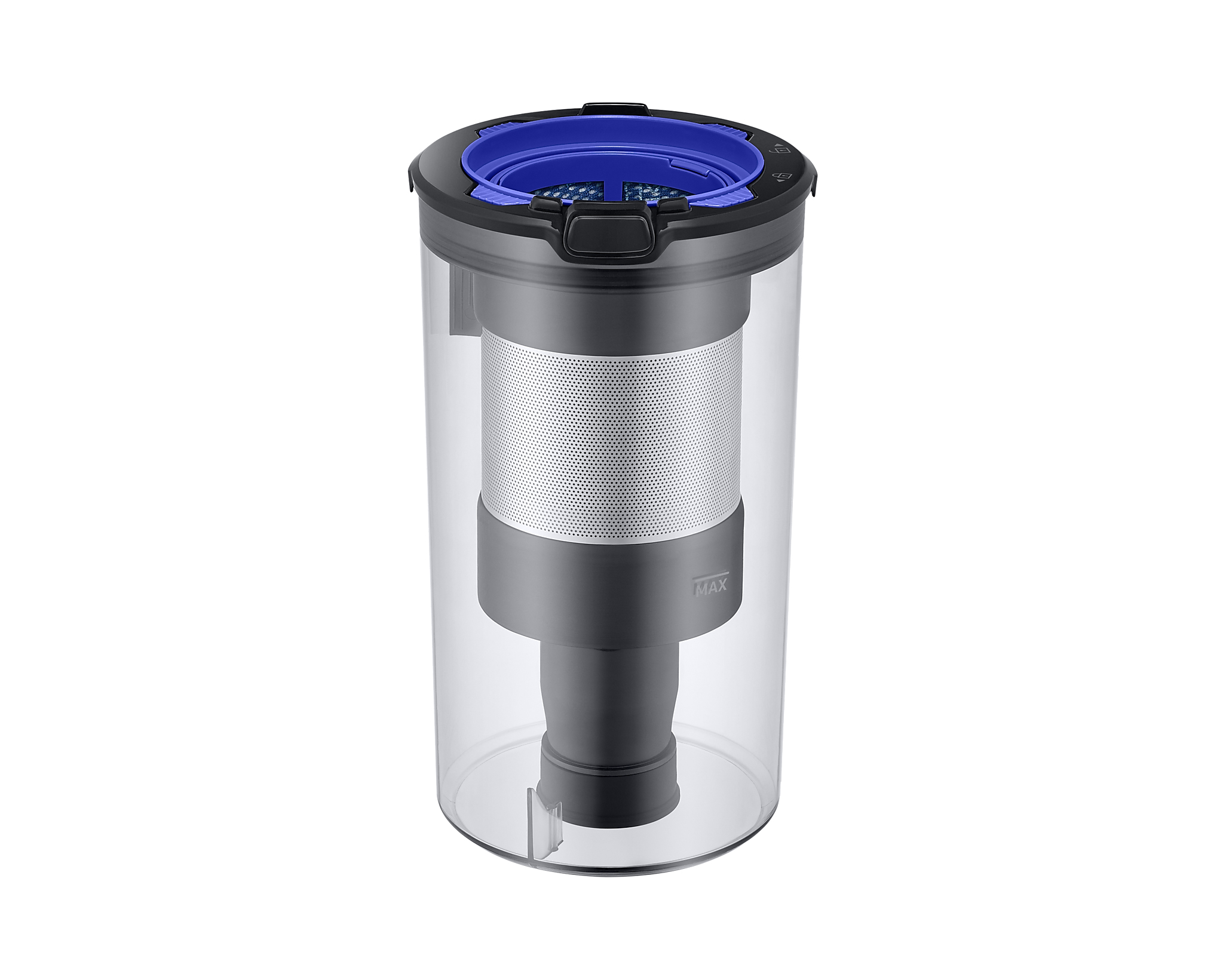 Contenitore polvere trasparente per aspirapolvere con coperchio blu e filtro centrale.
