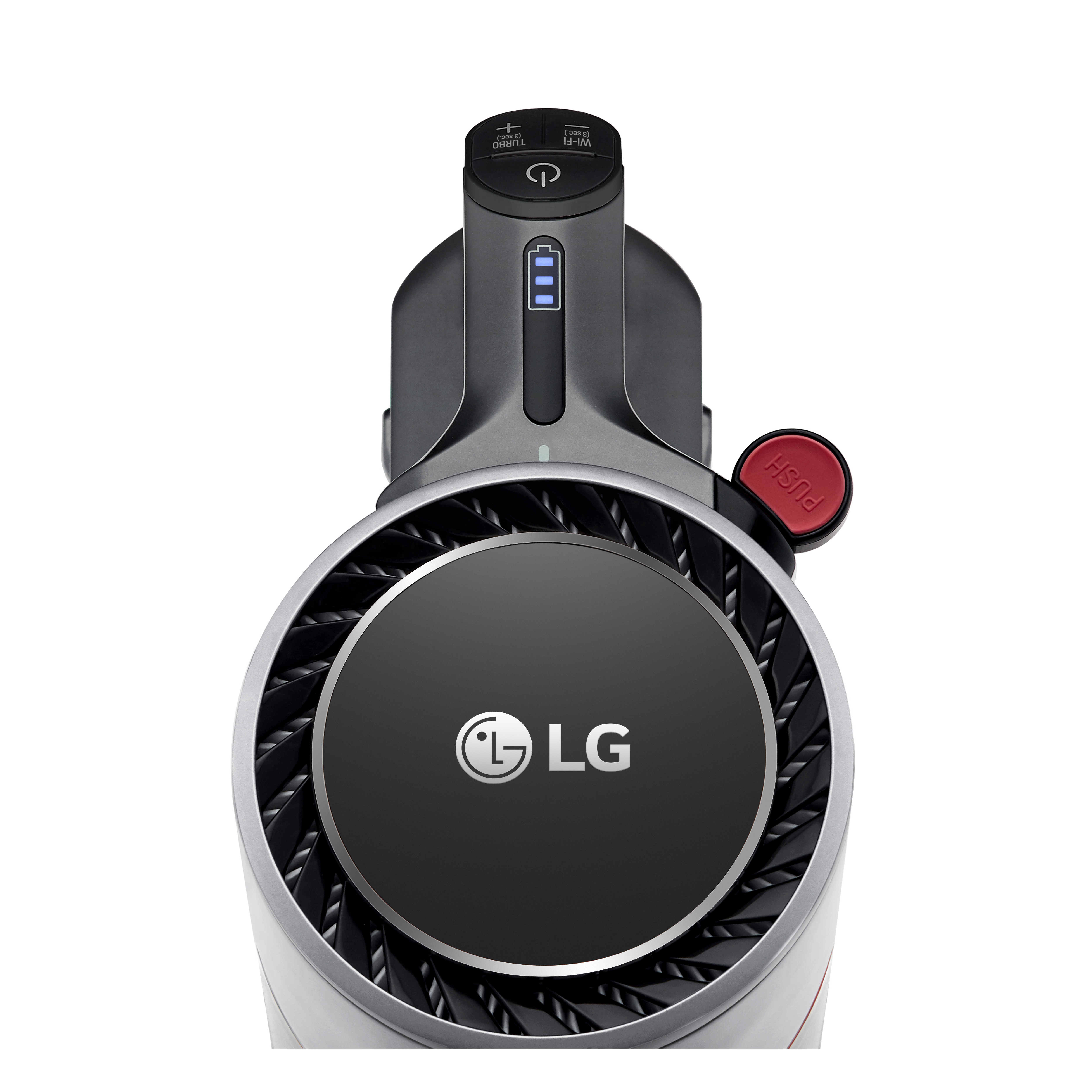 Primo piano di un aspirapolvere senza fili LG, con il logo LG e un pulsante rosso sulla parte superiore.
