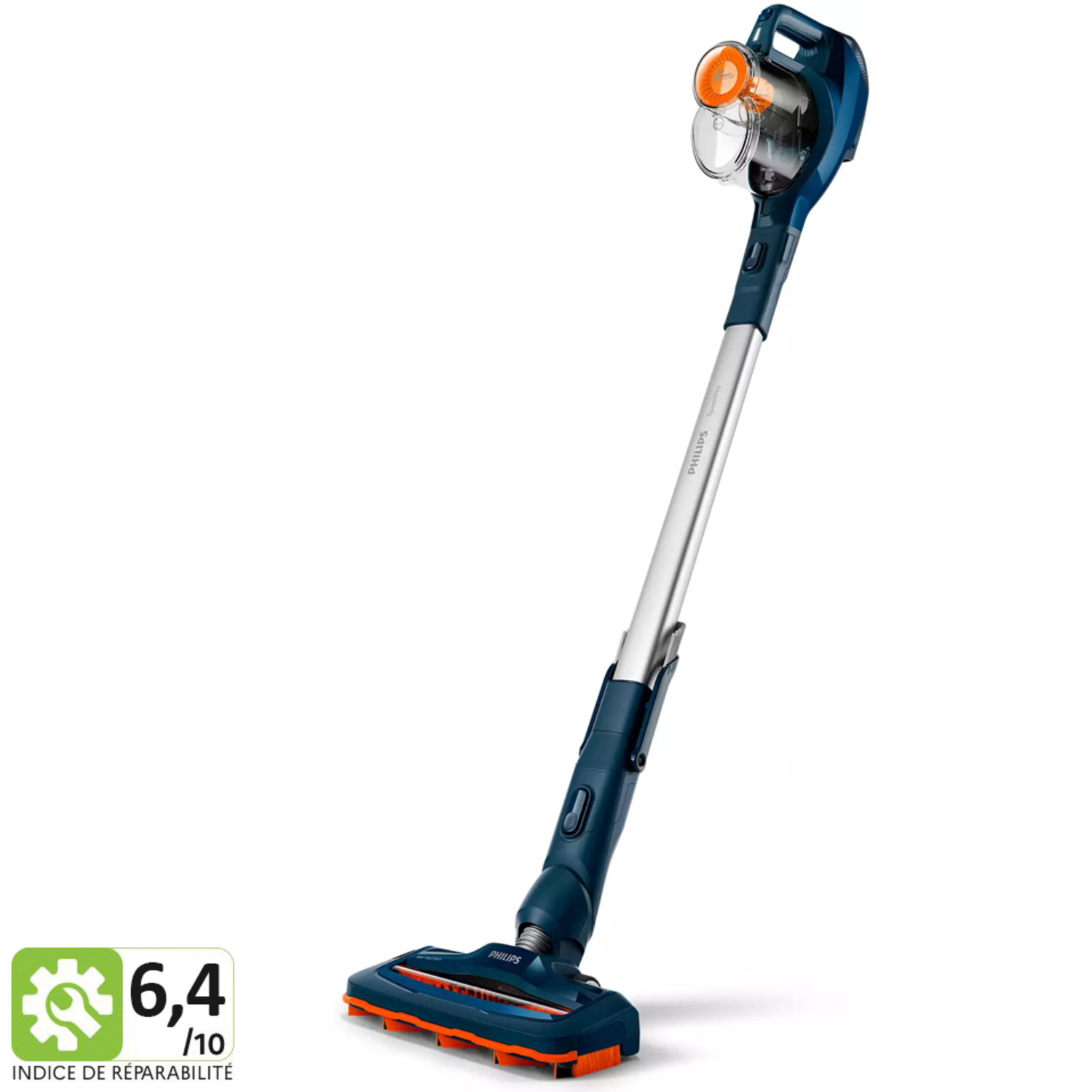 Aspiradora inalámbrica azul y naranja. Mango plateado. Diseño moderno. Reparabilidad 6.4/10.