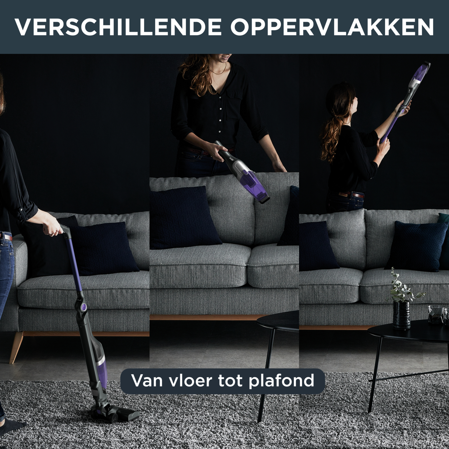 Drie afbeeldingen van een vrouw die een stofzuiger gebruikt op verschillende oppervlakken in een huis.