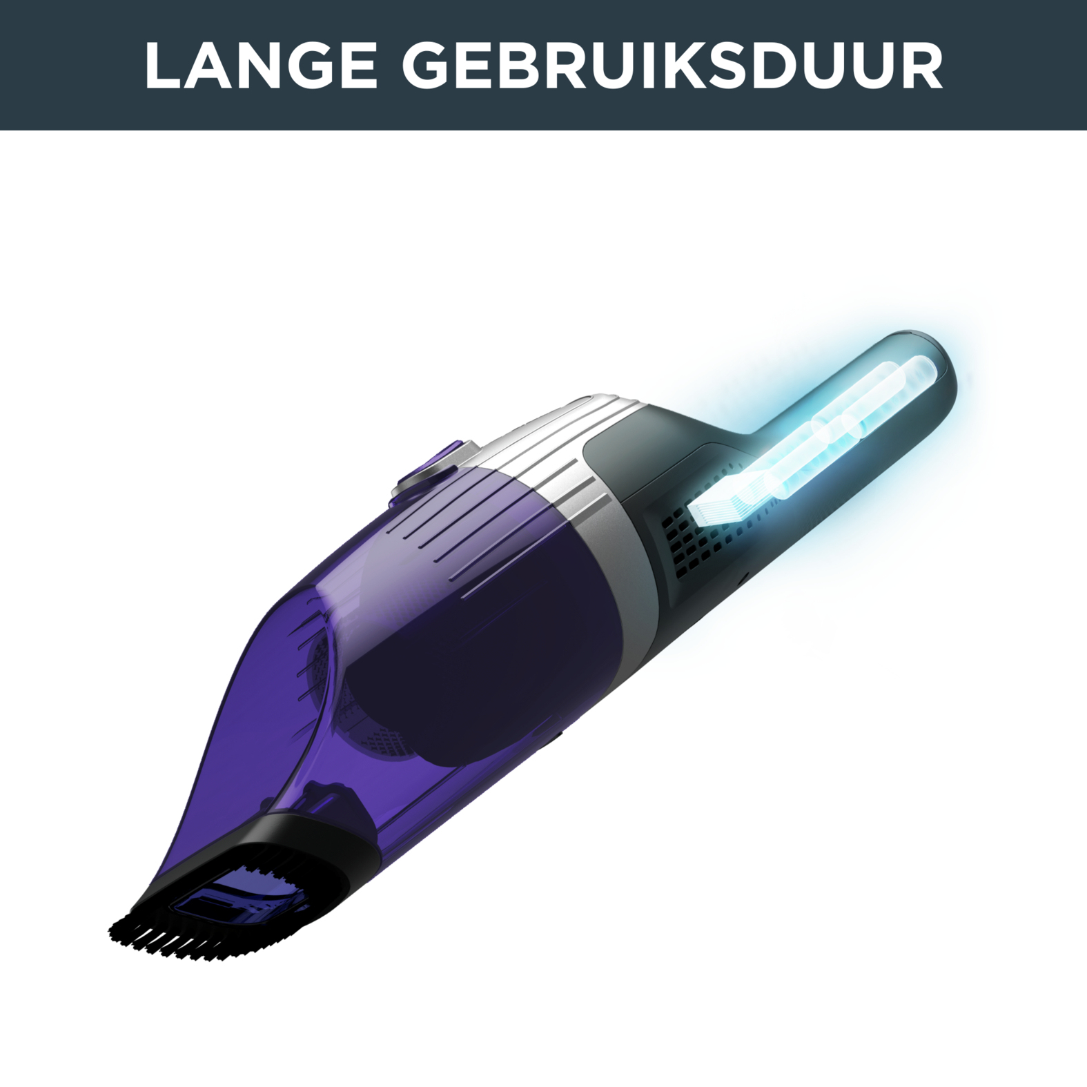 Paarse handstofzuiger, schuine weergave, met een helder licht aan het einde.