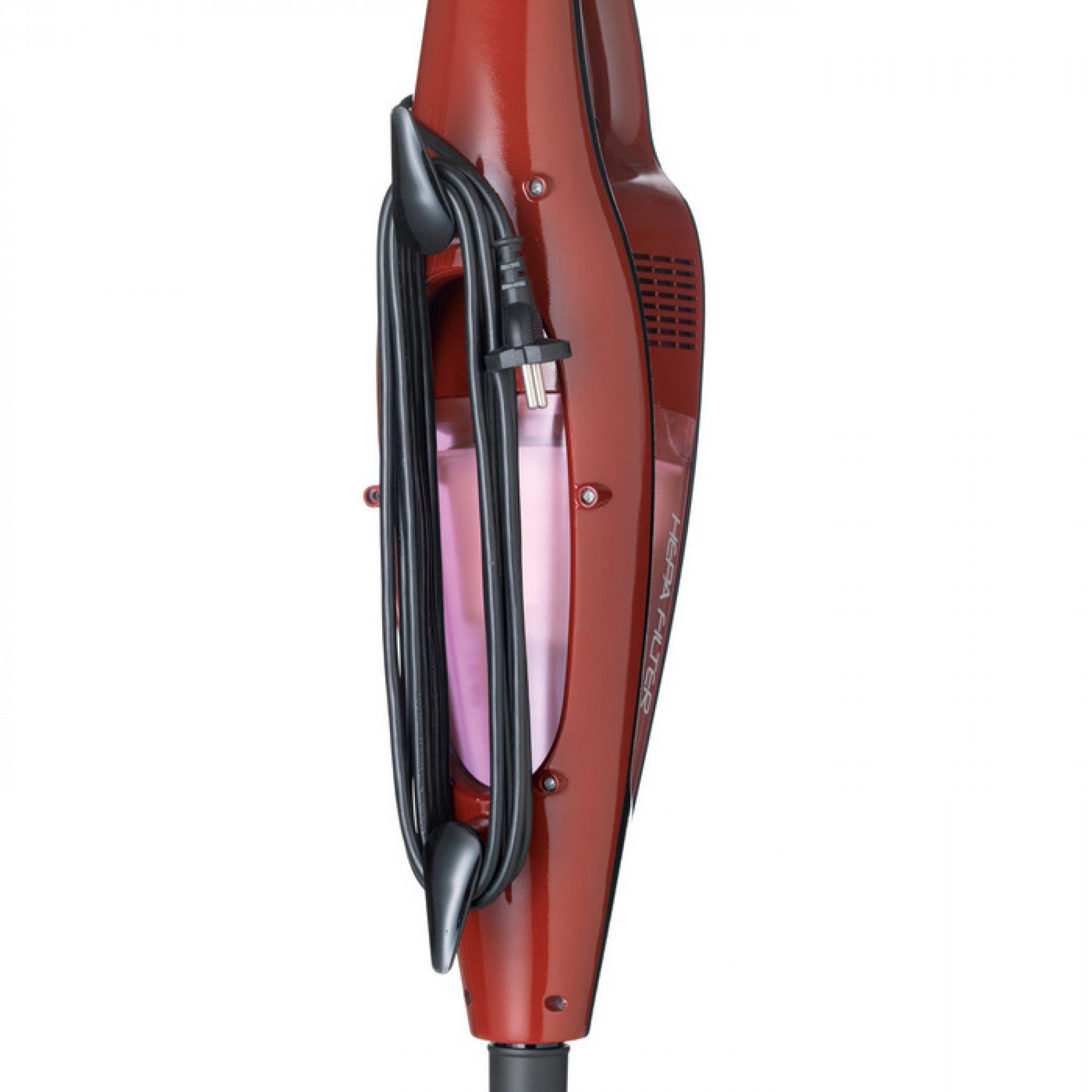 Roter Staubsauger mit gewickeltem schwarzen Kabel und HEPA-Filter-Etikett.
