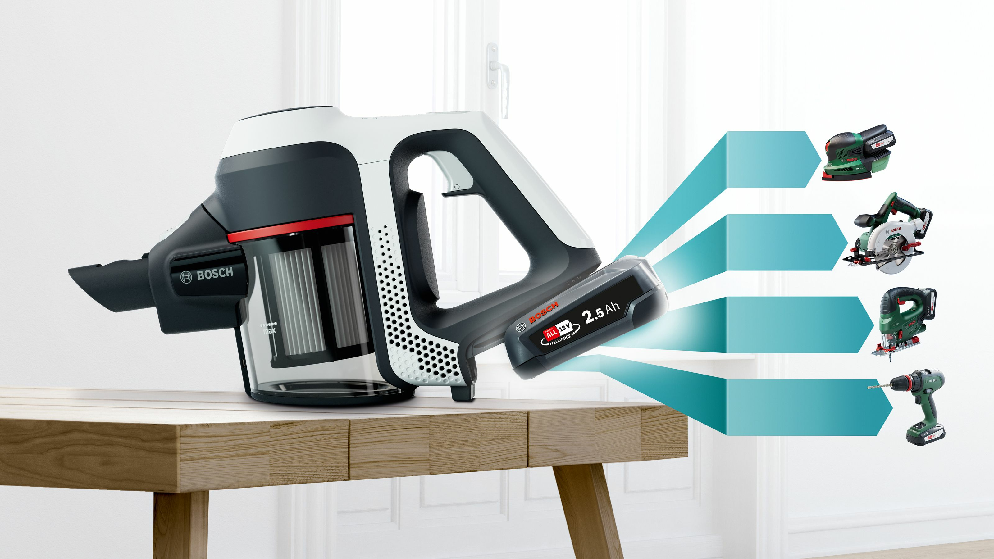 Aspiradora inalámbrica Bosch con diferentes accesorios para herramientas eléctricas.