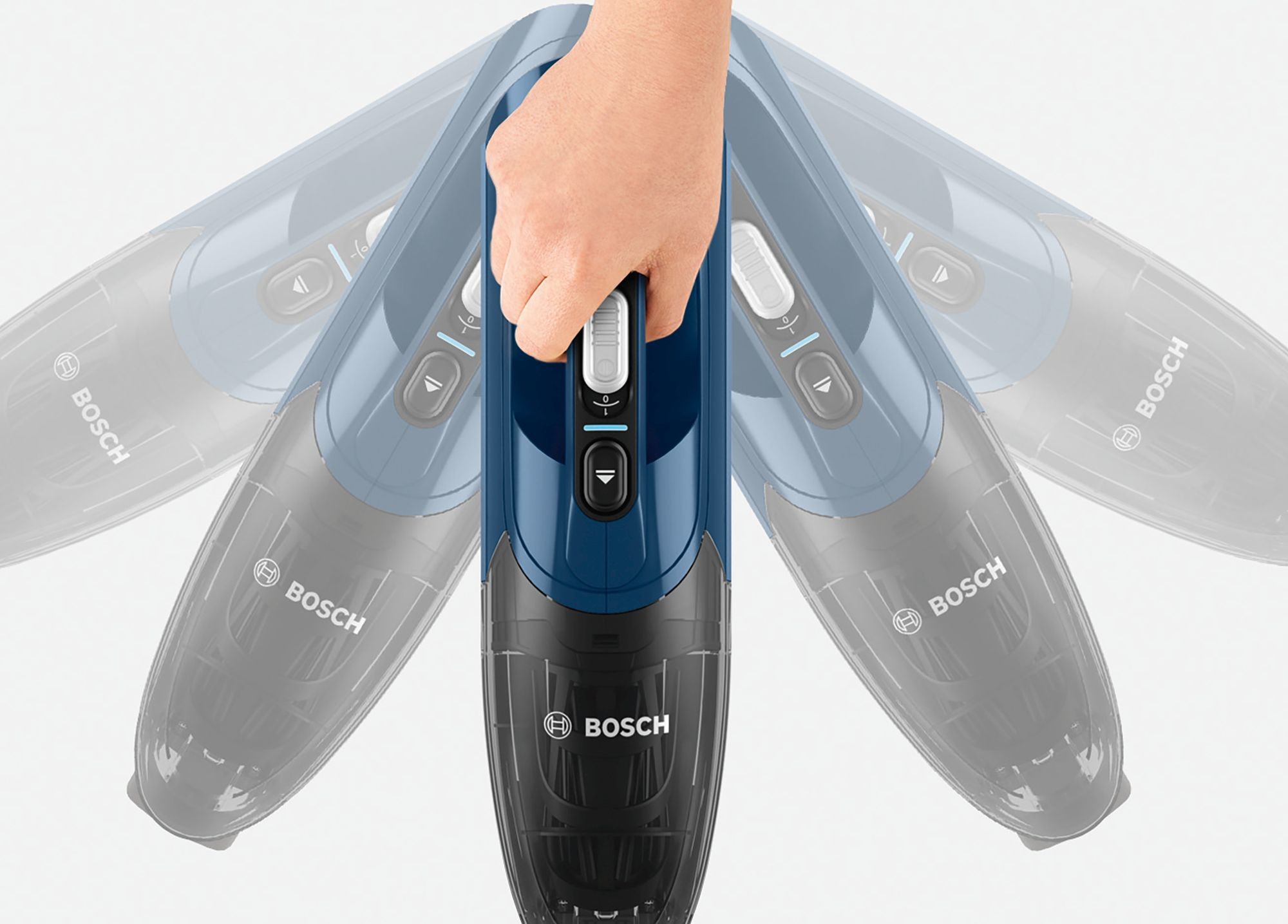 Die Hand einer Person, die einen blau-schwarzen kabellosen Staubsauger hält. Der Staubsauger hat ein Bosch-Logo.