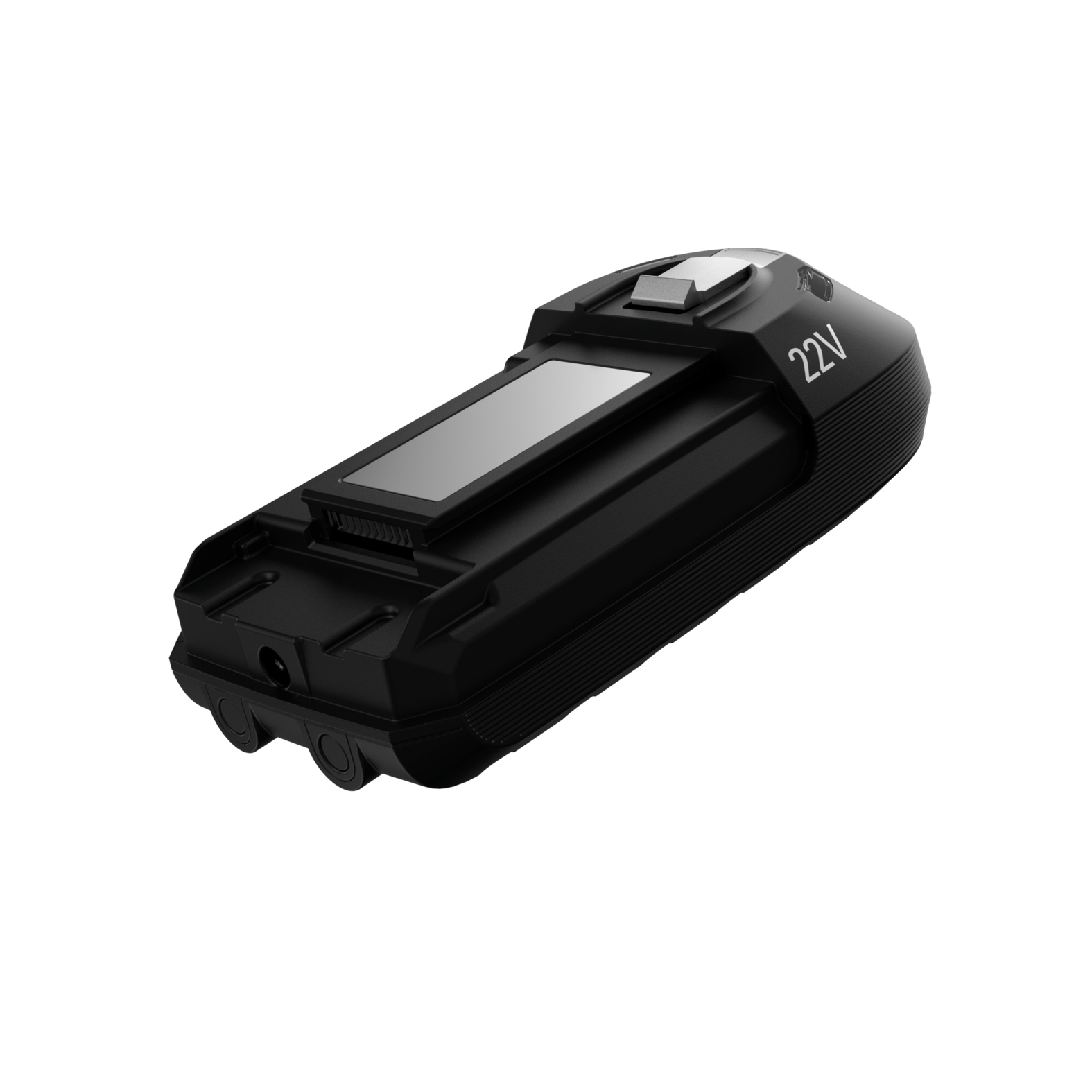 Zwarte 22V oplaadbare batterij voor een elektrisch gereedschap, schuin, geïsoleerd op een witte achtergrond.