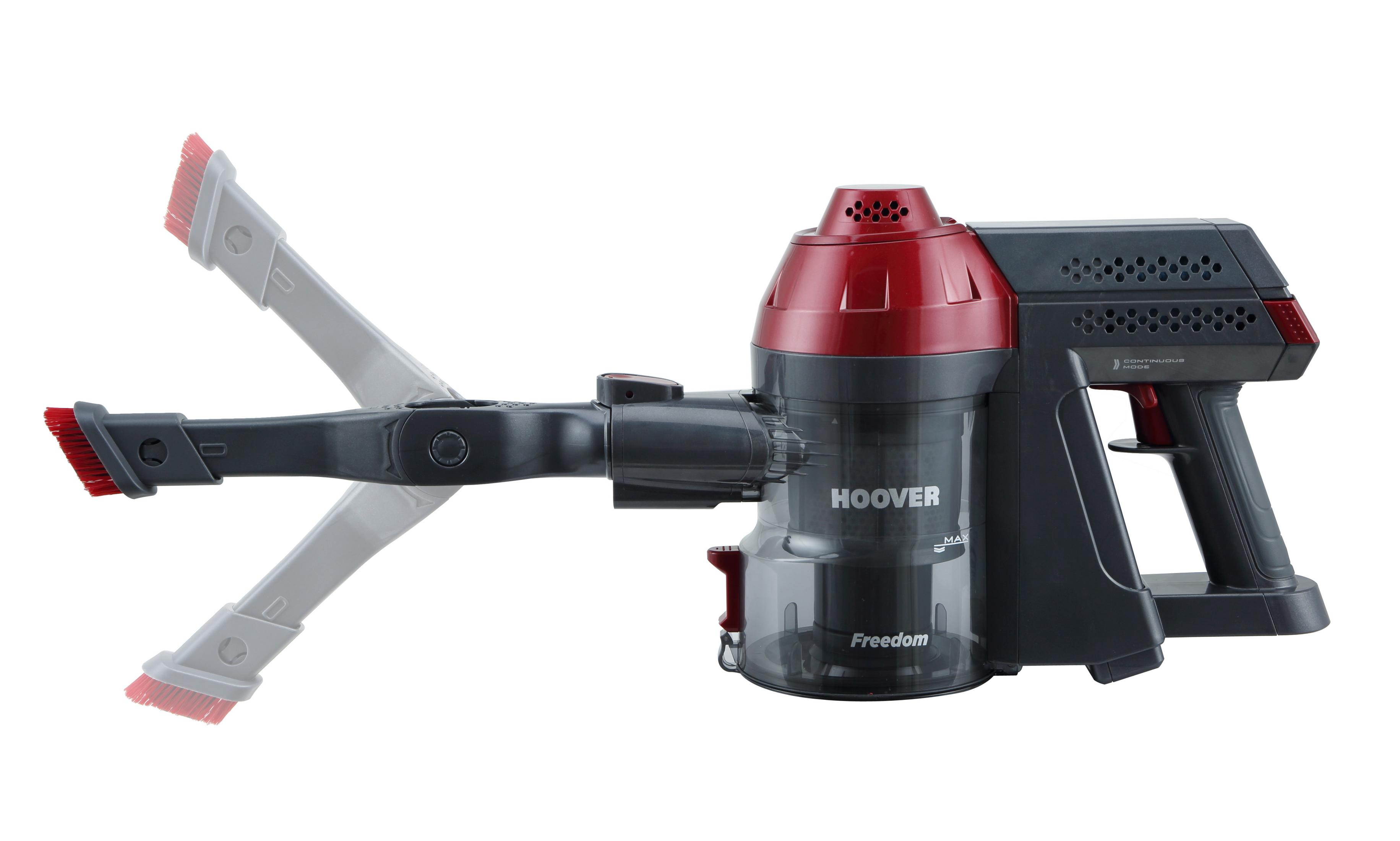 Aspirapolvere Hoover rosso e nero con testina articolata, sfondo bianco.