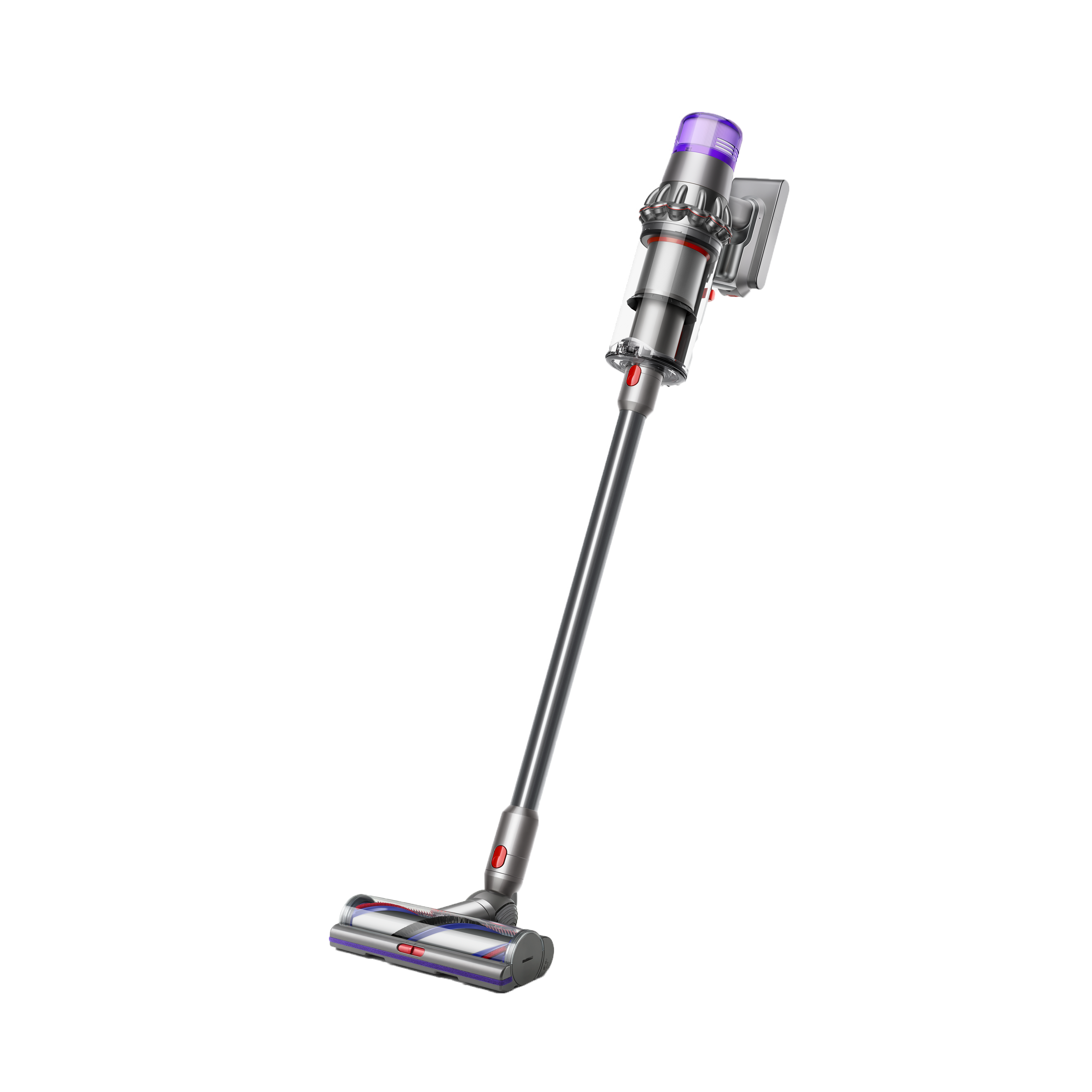 Ein silberner und lila kabelloser Staubsauger lehnt vor schwarzem Hintergrund.
