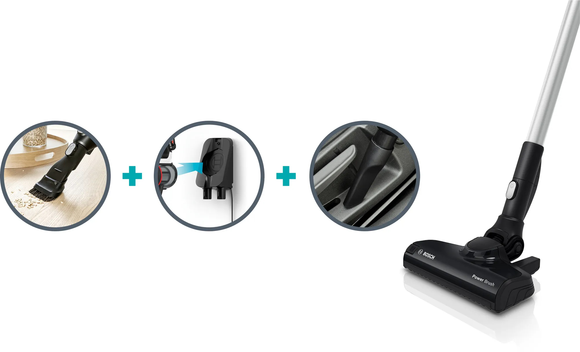 Schemat pokazujący szczotkę, stację ładującą i głowicę odkurzacza.