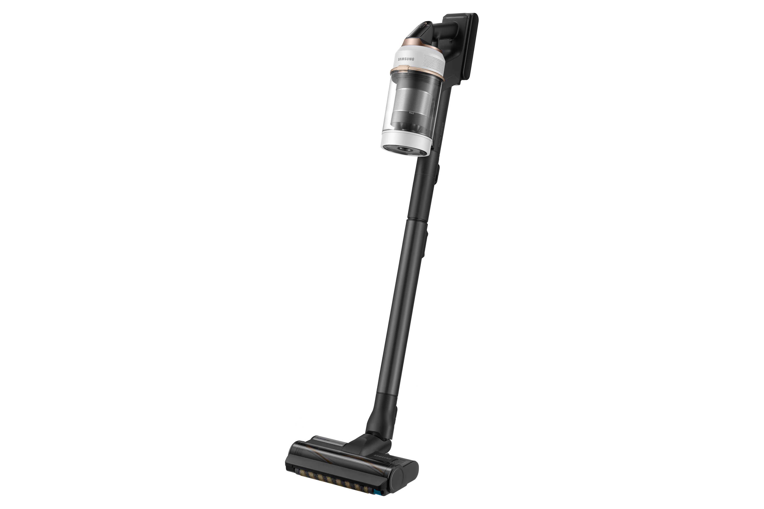A black and silver Samsung cordless vacuum cleaner, angled, on a white background.