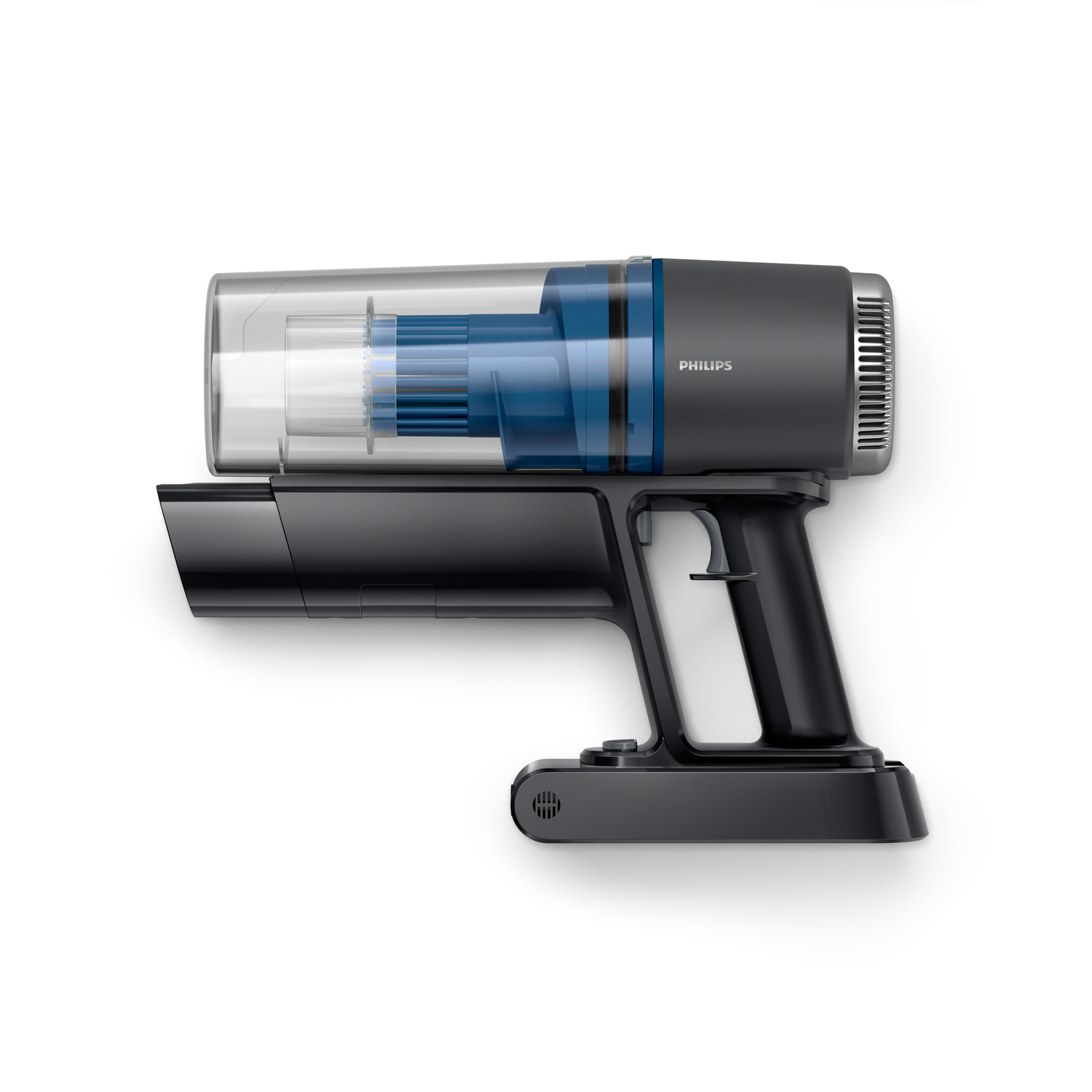 Aspirapolvere Philips nero e grigio con contenitore della polvere trasparente. Sfondo bianco.
