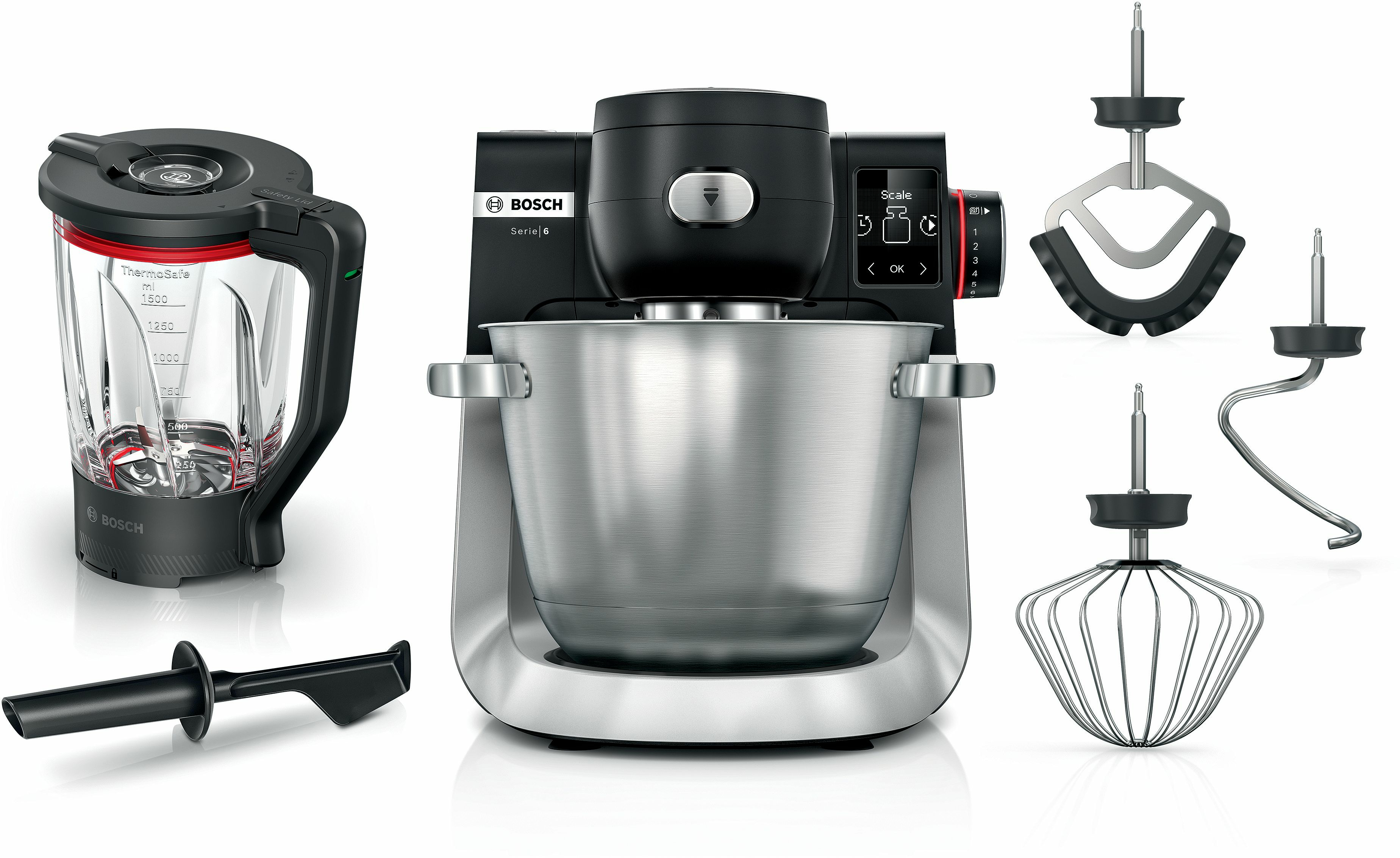 Una máquina de cocina con accesorios, que incluyen una licuadora, un cuenco y varias herramientas.