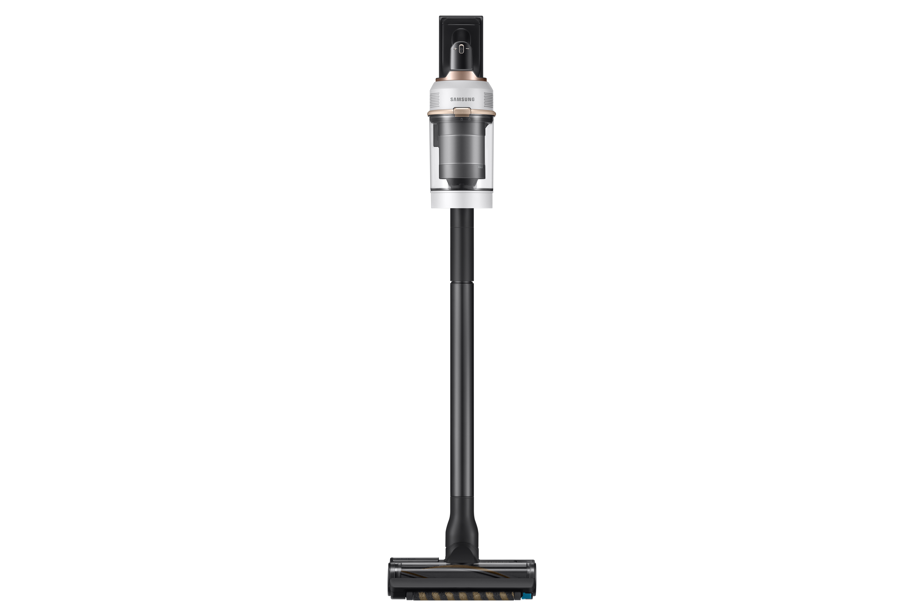 Black and white vacuum cleaner with an extended handle. White background.